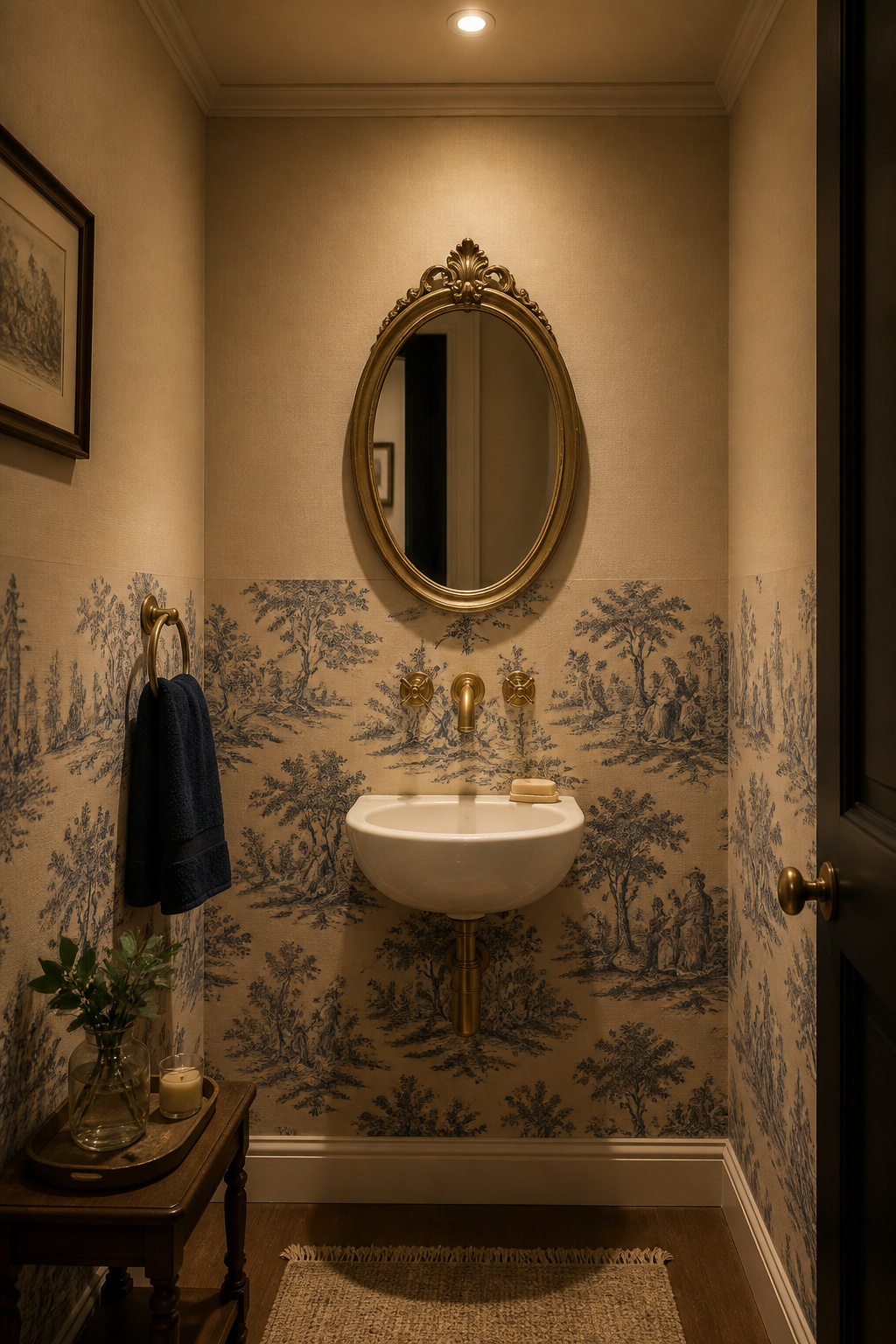 Vintage toile de Jouy in a contemporary navy-on-natural colourway on the powder room lower half, with matching linen paint above creating the impression of a contained motif zone.
