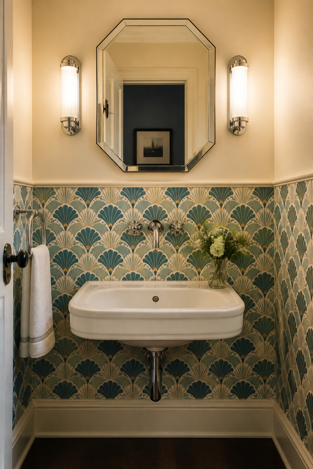 An Art Deco fan motif in teal and cream covers the bathroom lower half, paired with chrome fixtures and an octagonal mirror that reinforces the period reference without requiring full period decoration.
