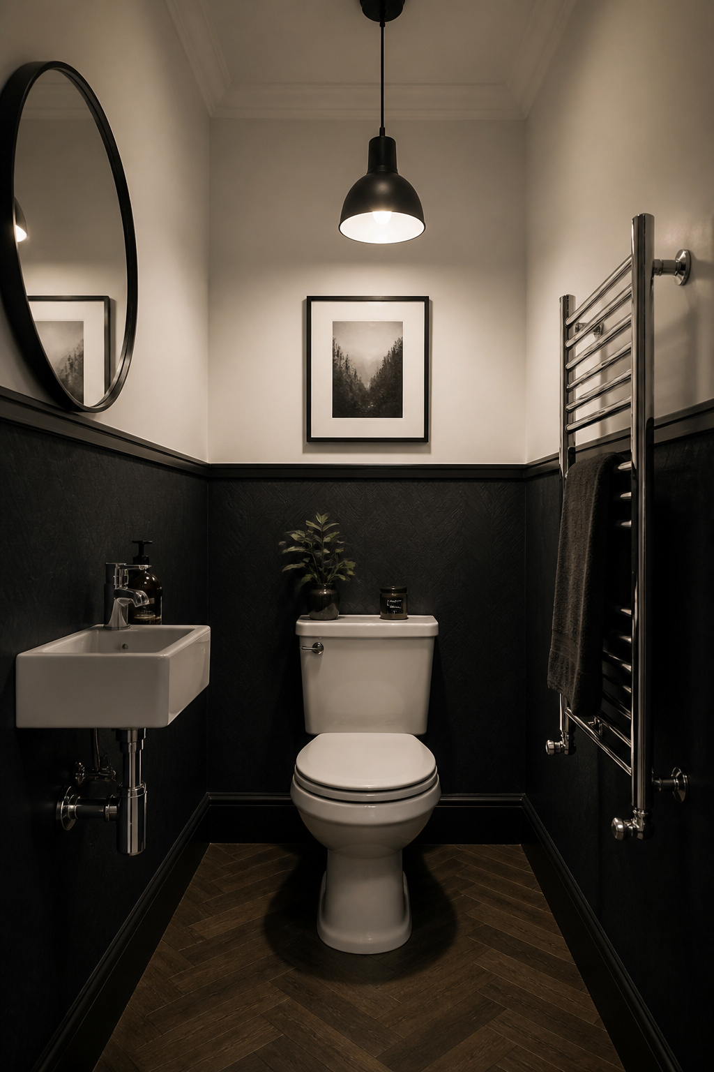 A charcoal wallpaper on the lower wall grounds the room spatially while drawing the eye upward toward the white upper wall, creating the counterintuitive effect of increased perceived ceiling height.