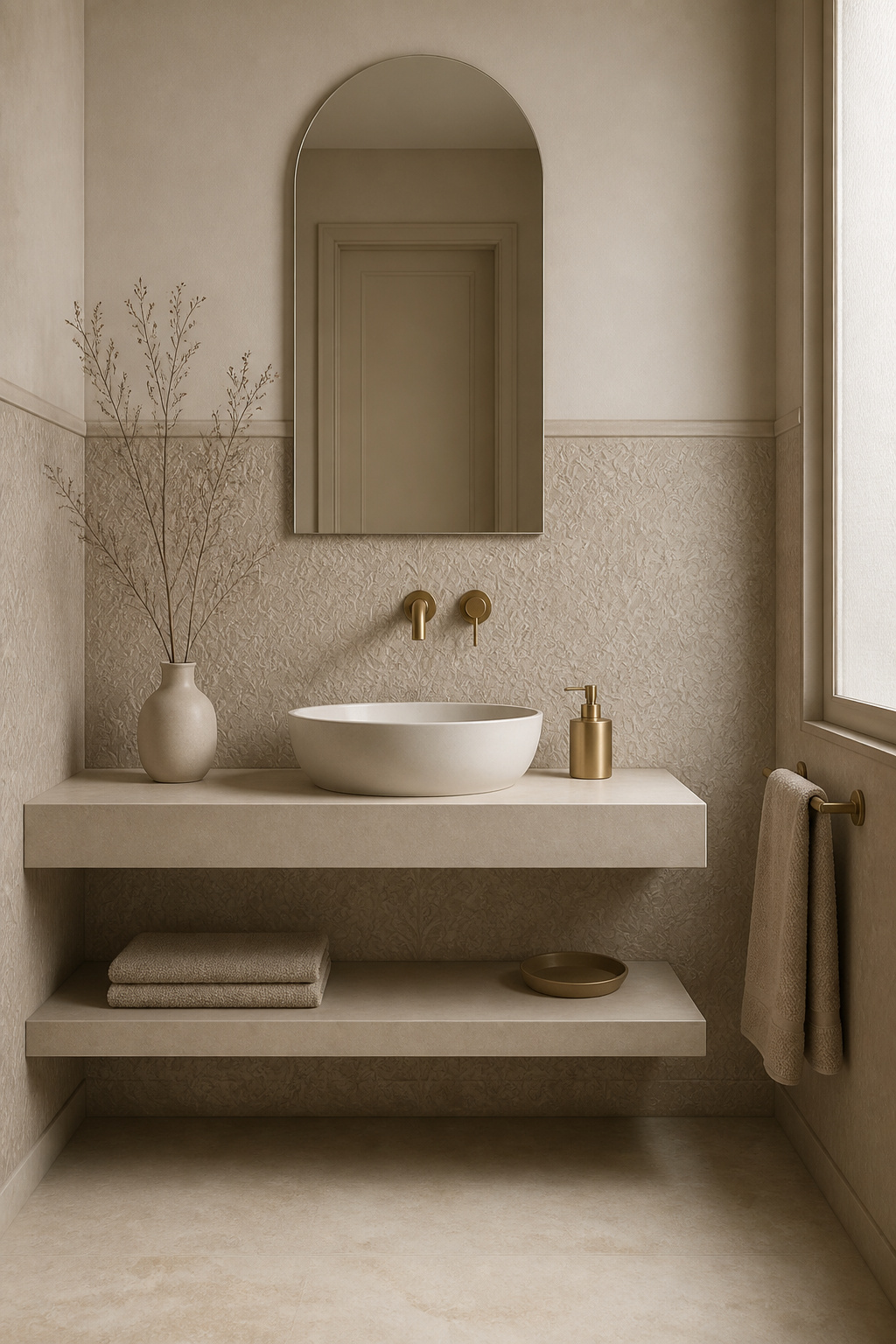 Tone-on-tone embossed wallpaper on the bathroom lower half in matching warm greige creates tactile depth without visual noise — the material-intelligence version of the bathroom wallpaper half wall.