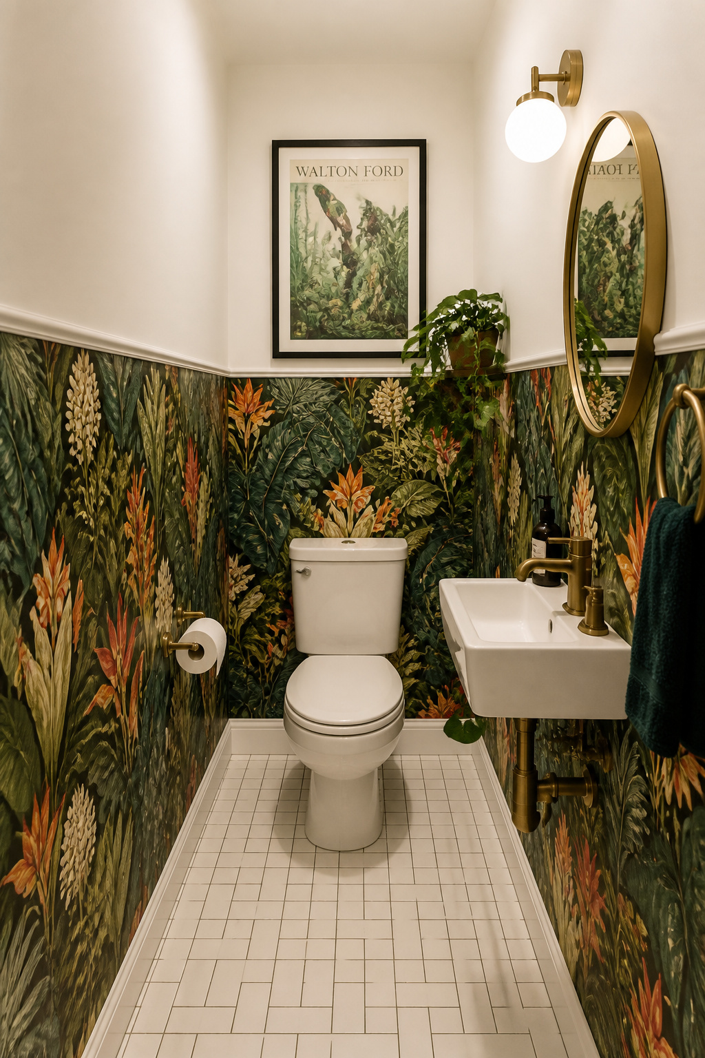 A bold jungle print on the lower half of a narrow bathroom distracts the eye from the room's tight dimensions, with a strictly neutral upper half giving the print space to perform.