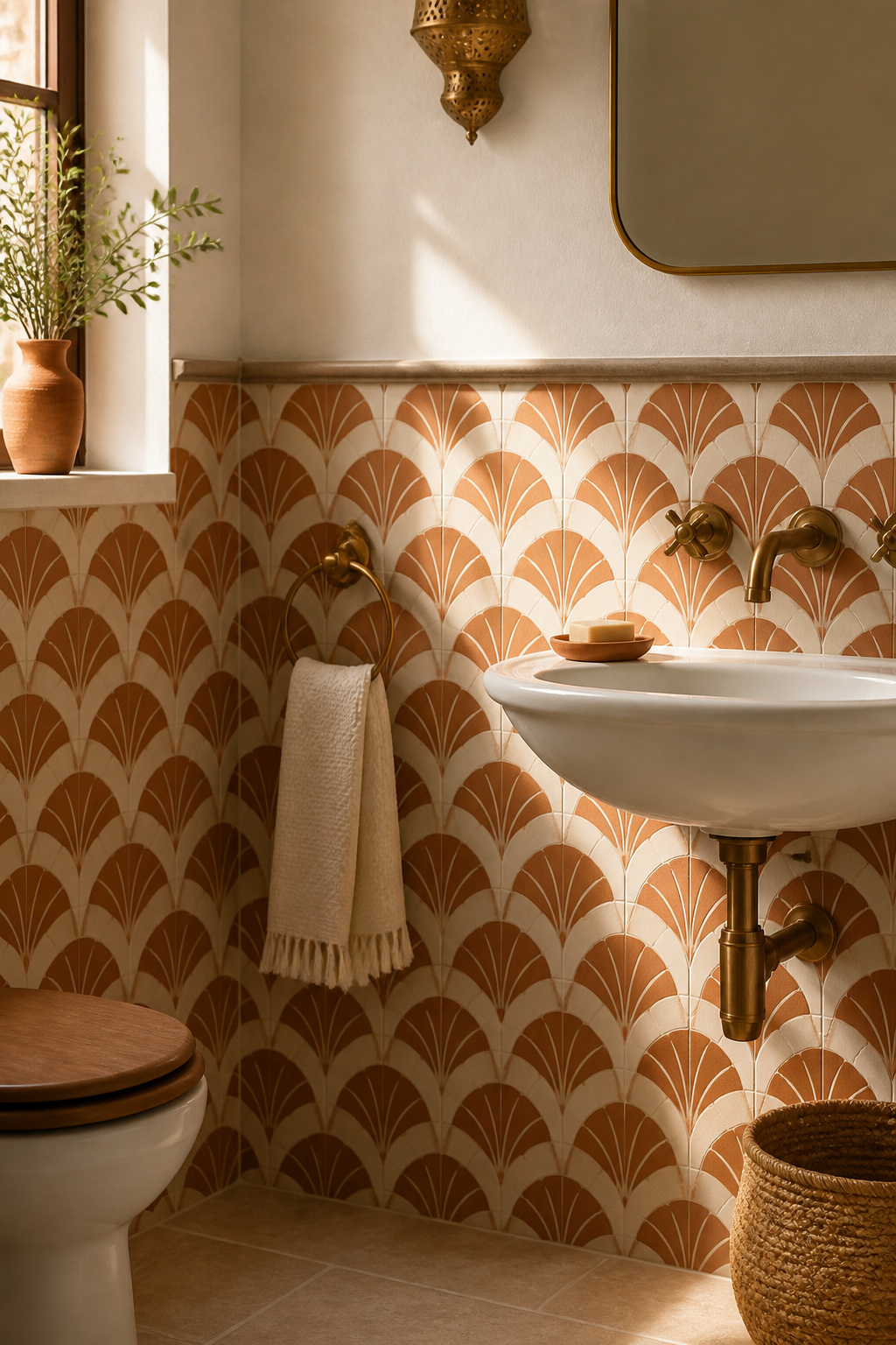 A terracotta scallop repeat wallpaper at dado height with warm white above and unlacquered brass hardware creates a Moroccan-adjacent layered material palette without requiring ceramic tiling.