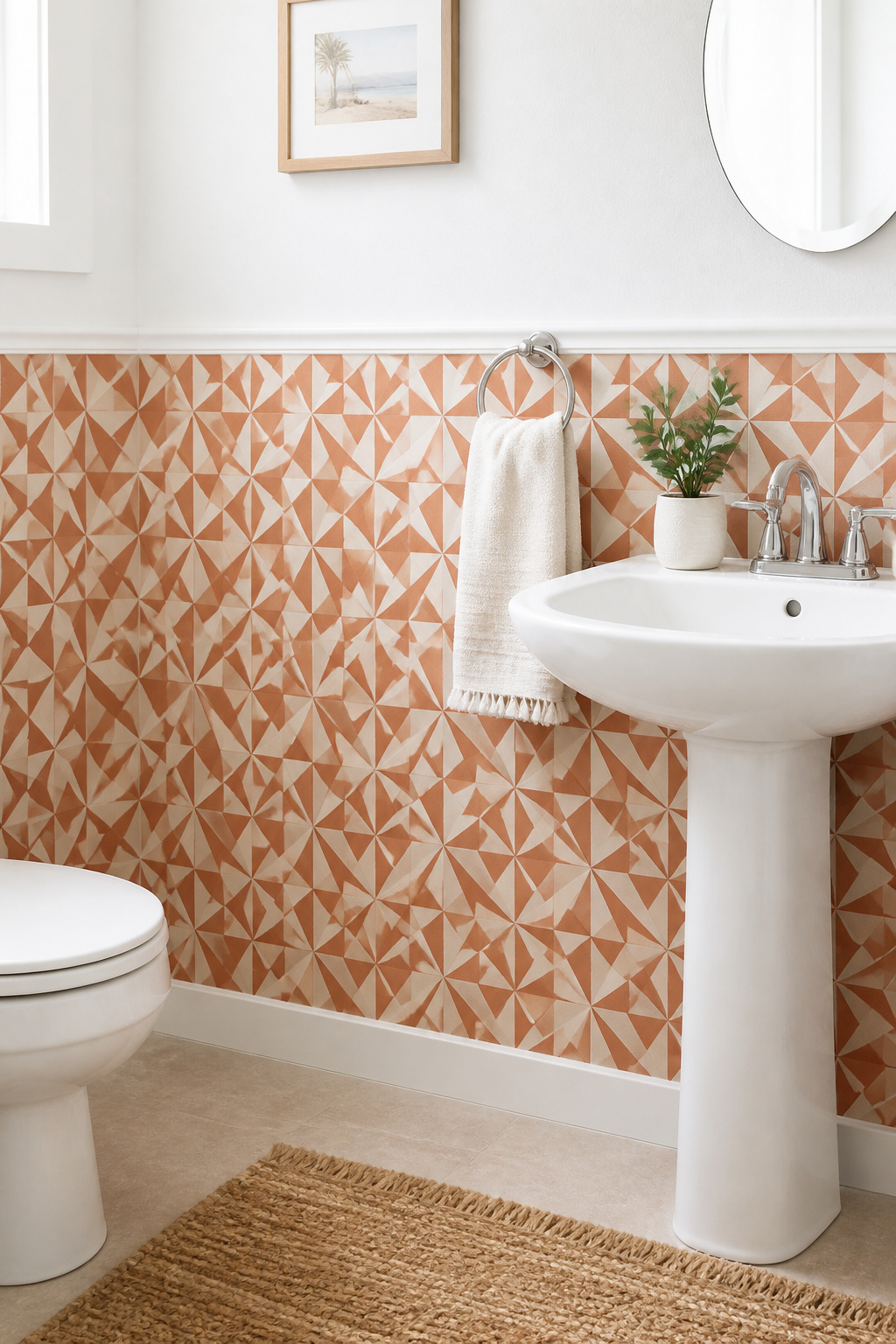Removable peel-and-stick vinyl wallpaper on the bathroom lower half delivers the impact of a permanent half-wall installation with the flexibility a rented property demands.