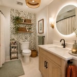 A fully transformed small apartment bathroom using all renter-friendly solutions — rolling cart, over-toilet shelving, backlit mirror, peel-and-stick wallpaper, and cohesive accessories — demonstrating what thoughtful organization and styling can achieve in under 50 square feet.