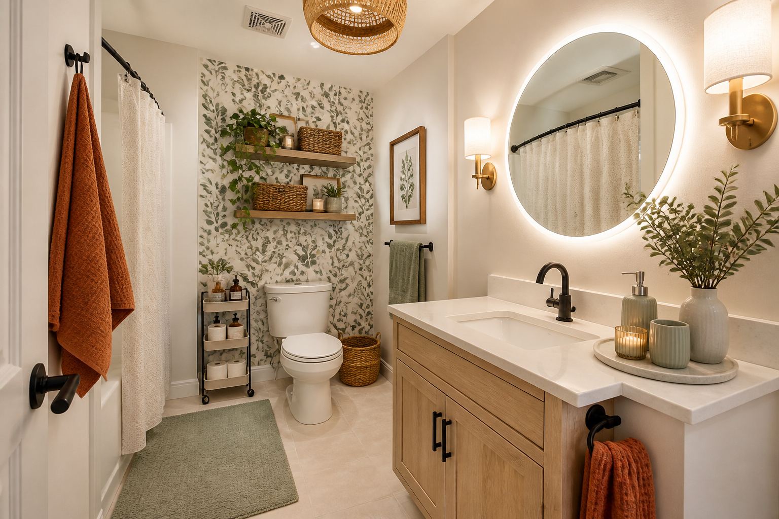 A fully transformed small apartment bathroom using all renter-friendly solutions — rolling cart, over-toilet shelving, backlit mirror, peel-and-stick wallpaper, and cohesive accessories — demonstrating what thoughtful organization and styling can achieve in under 50 square feet.