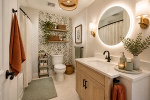 A fully transformed small apartment bathroom using all renter-friendly solutions — rolling cart, over-toilet shelving, backlit mirror, peel-and-stick wallpaper, and cohesive accessories — demonstrating what thoughtful organization and styling can achieve in under 50 square feet.