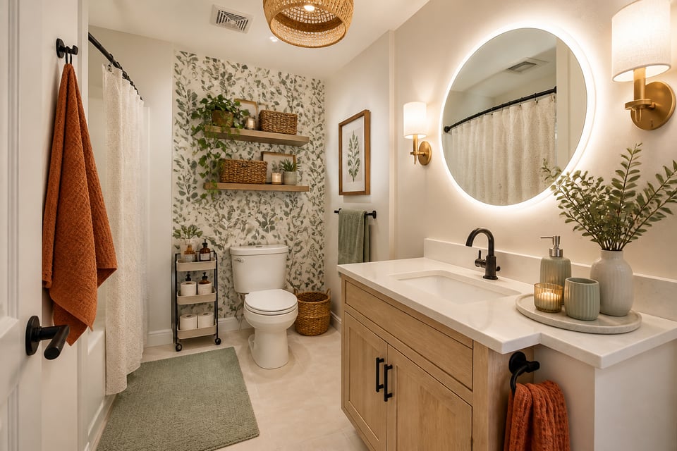 A fully transformed small apartment bathroom using all renter-friendly solutions — rolling cart, over-toilet shelving, backlit mirror, peel-and-stick wallpaper, and cohesive accessories — demonstrating what thoughtful organization and styling can achieve in under 50 square feet.