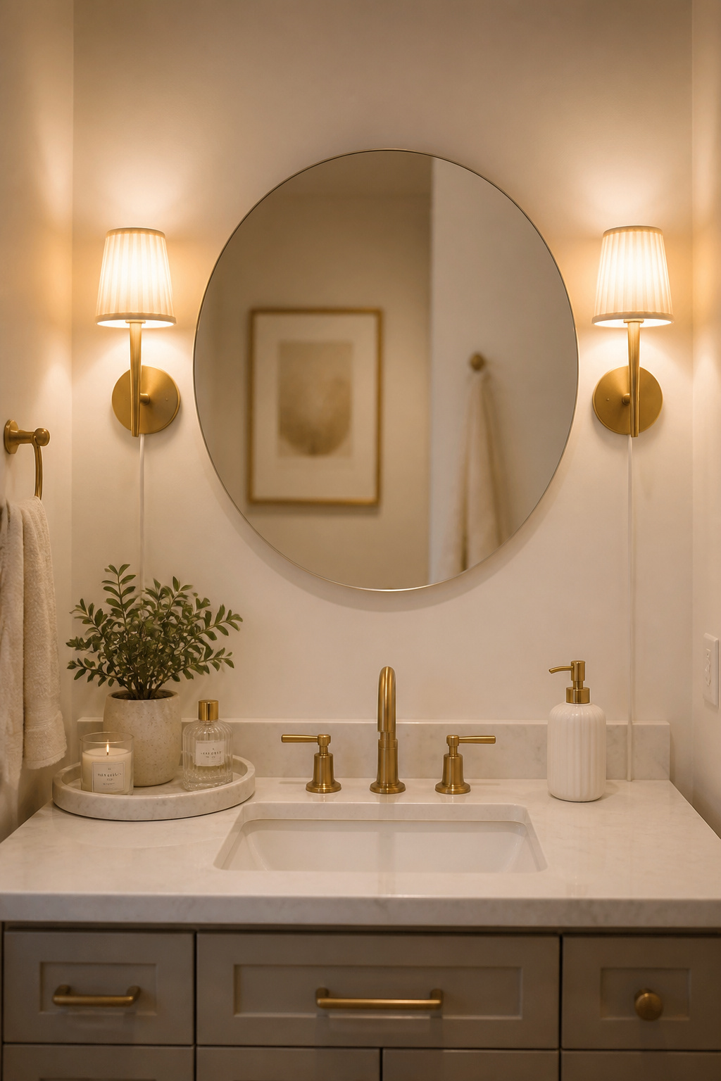 Two plug-in brushed brass sconces flanking a round mirror create hotel-quality vanity lighting in a rental apartment — no electrician, no drilling, no lease violation.