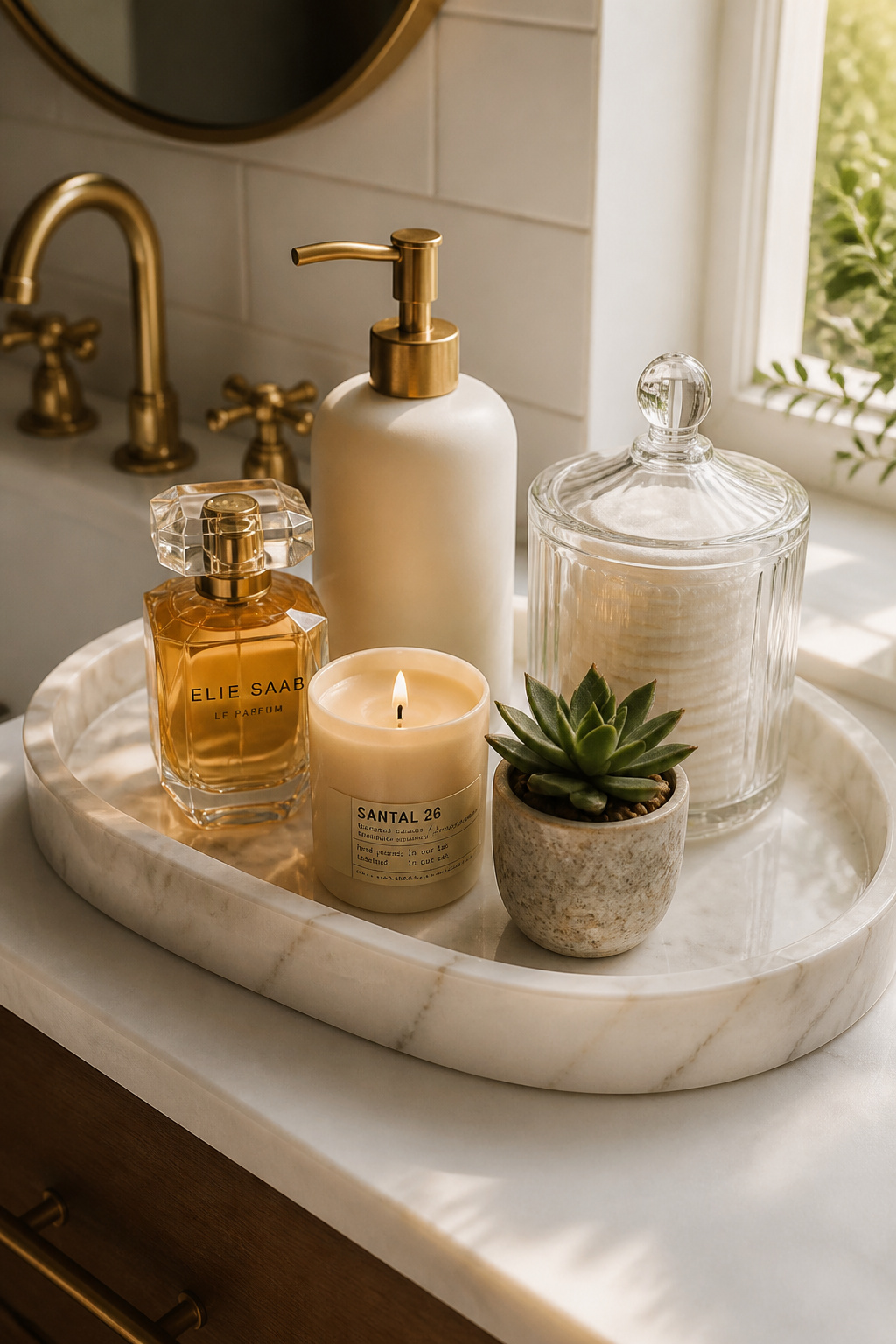 A marble vanity tray holding five curated items — perfume, lotion, candle, apothecary jar, and succulent — demonstrates how apartment bathroom decor transforms counter clutter into intentional styling.