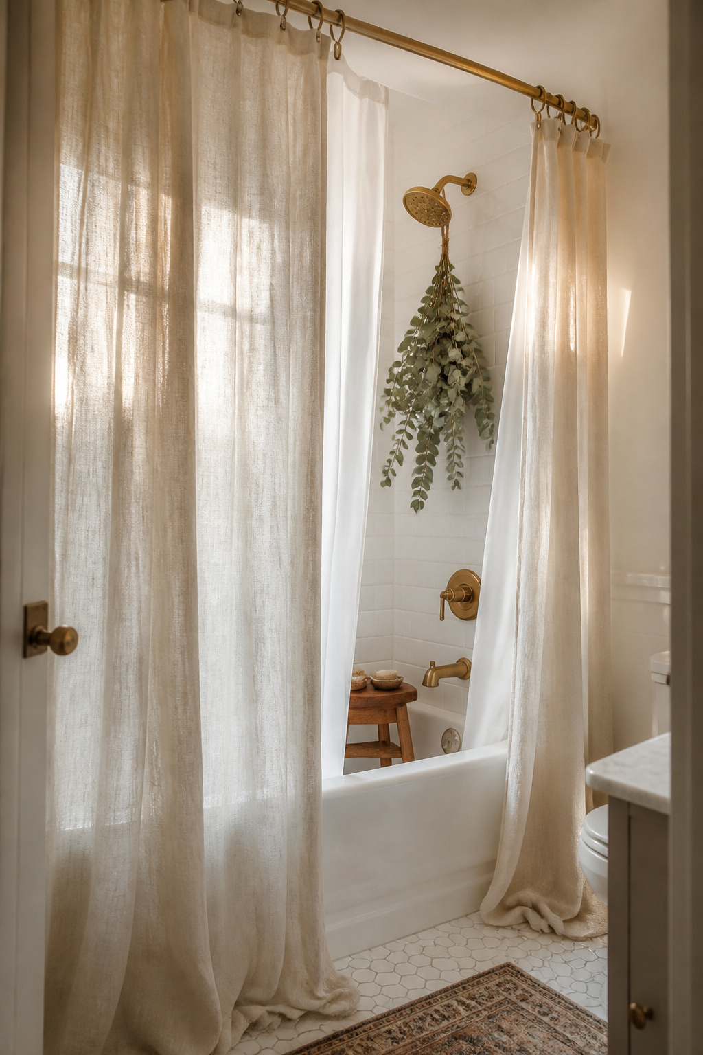 A sheer linen outer curtain paired with a white liner on a curved rod creates hotel-quality layered draping in an apartment bathroom — the two-curtain trick costs under $20 to add.