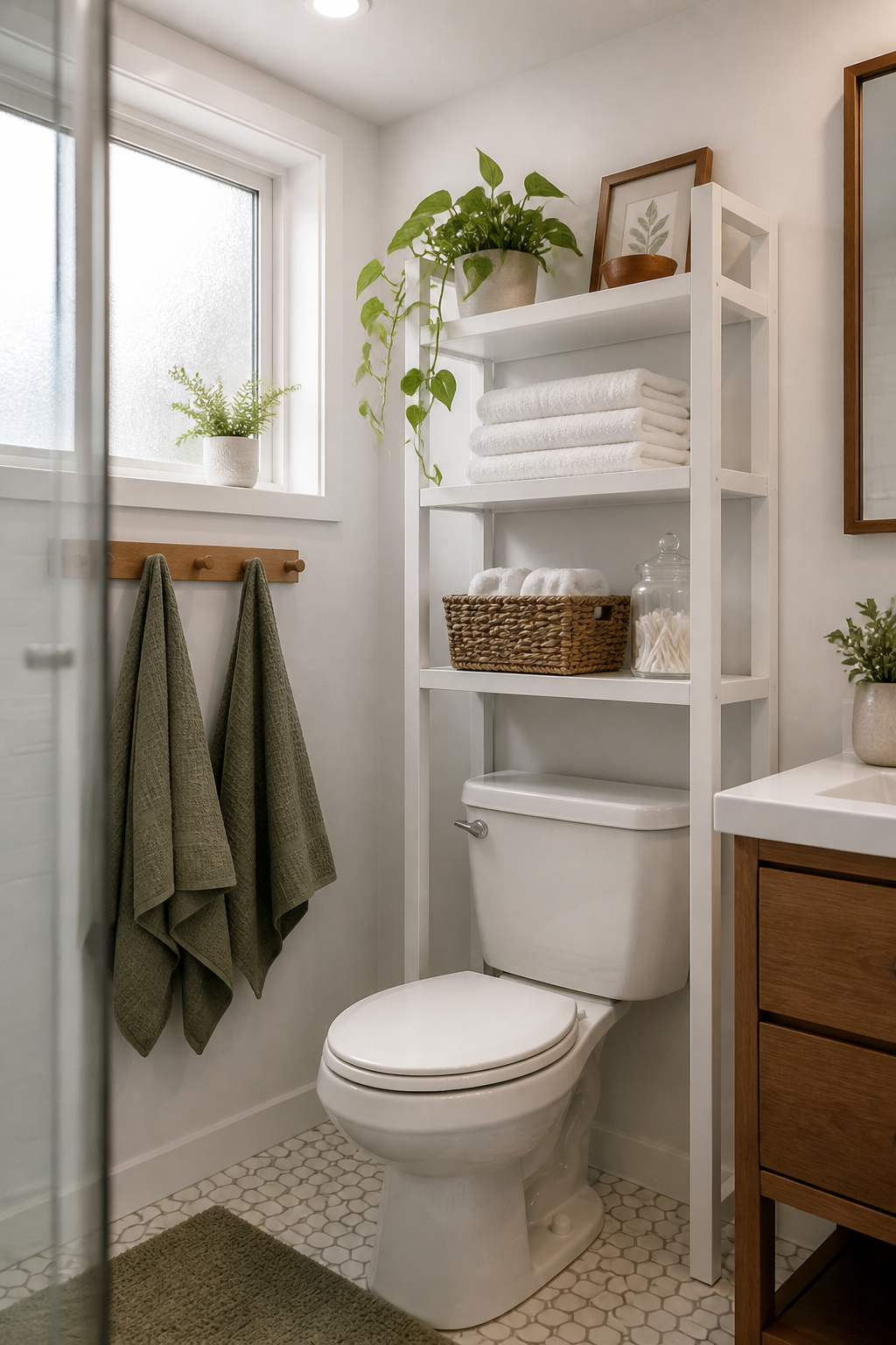 A freestanding white etagere above the toilet, styled with woven baskets and a trailing pothos, demonstrates how vertical space transforms overlooked apartment bathroom storage.