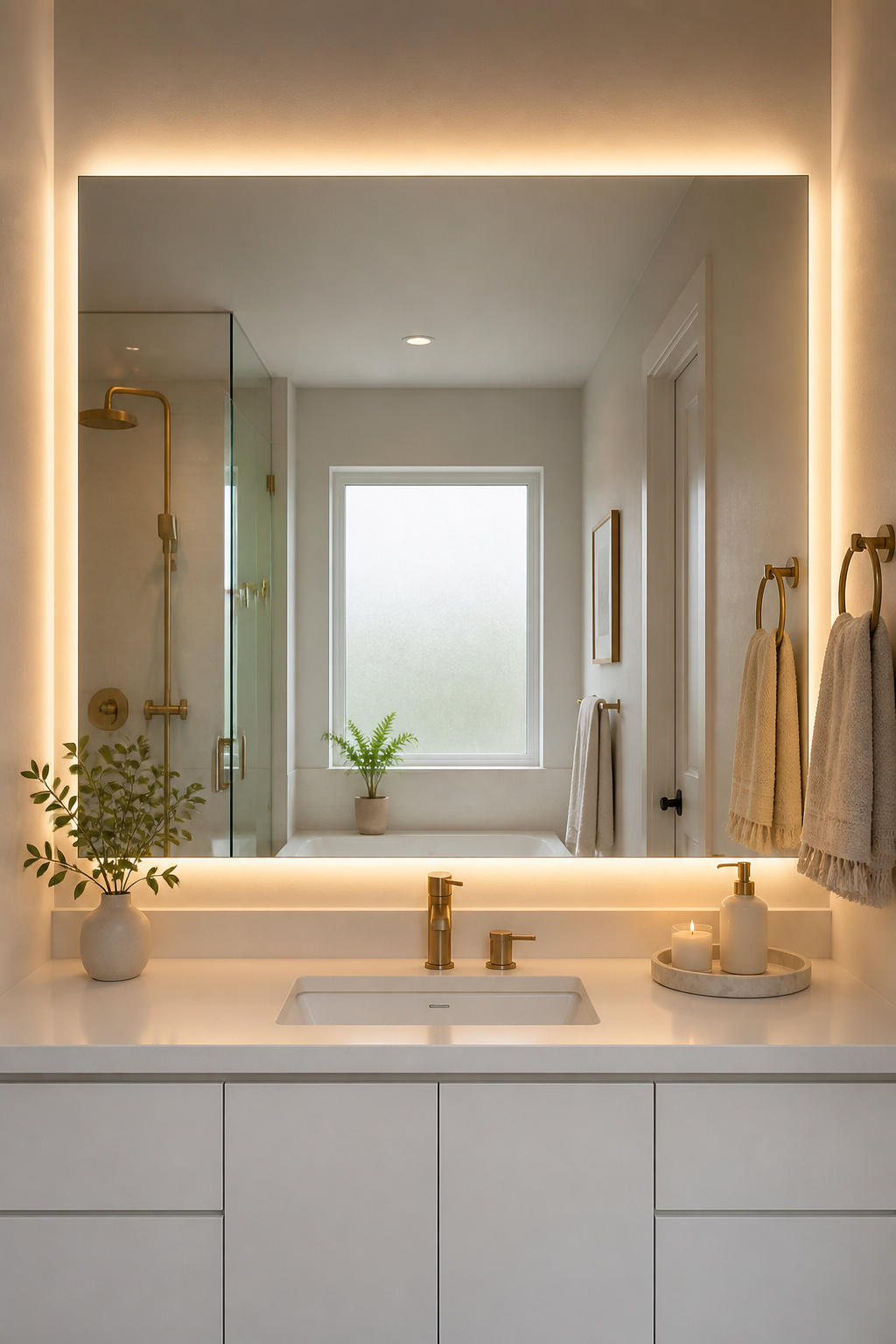 A full-width backlit LED mirror positioned opposite a frosted window uses reflected light to make a small apartment bathroom feel dramatically larger and more finished.