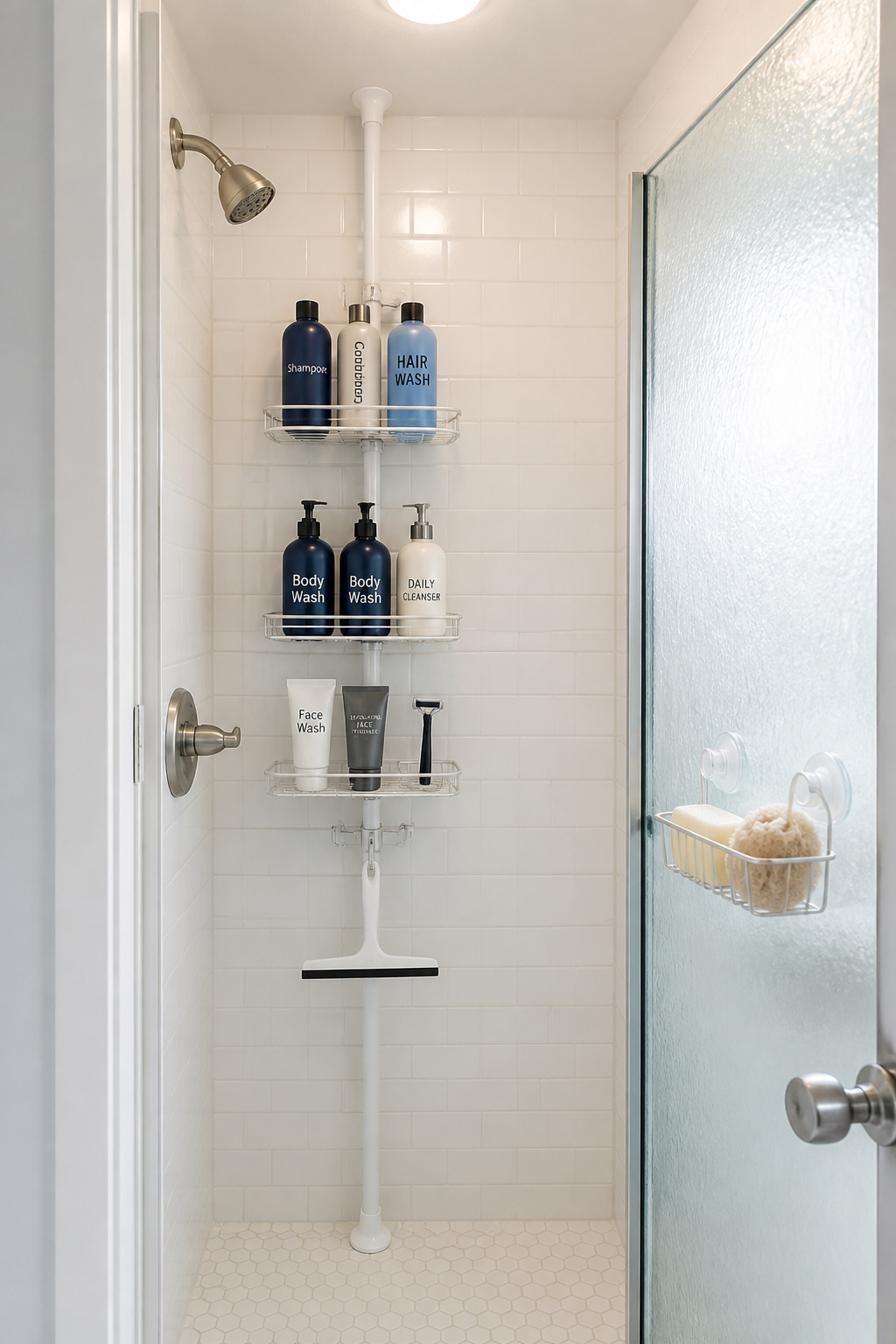 A floor-to-ceiling tension pole caddy in the shower corner holds 20-plus products on three adjustable shelves — eliminating counter migration and keeping the bathroom floor clear.