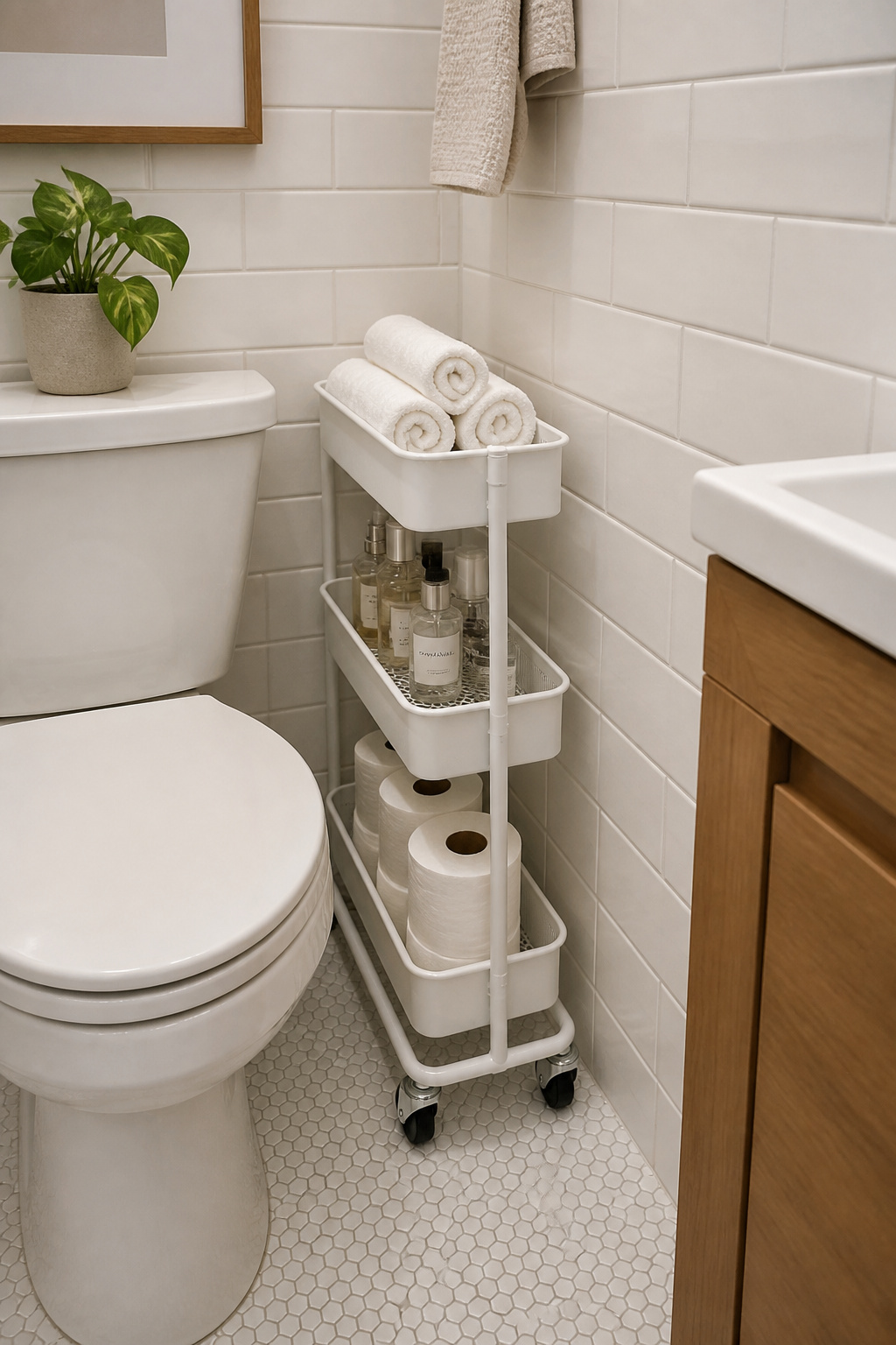A slim rolling cart slots into the narrow gap beside the toilet, turning wasted inches into organized storage for towels, skincare, and supplies.