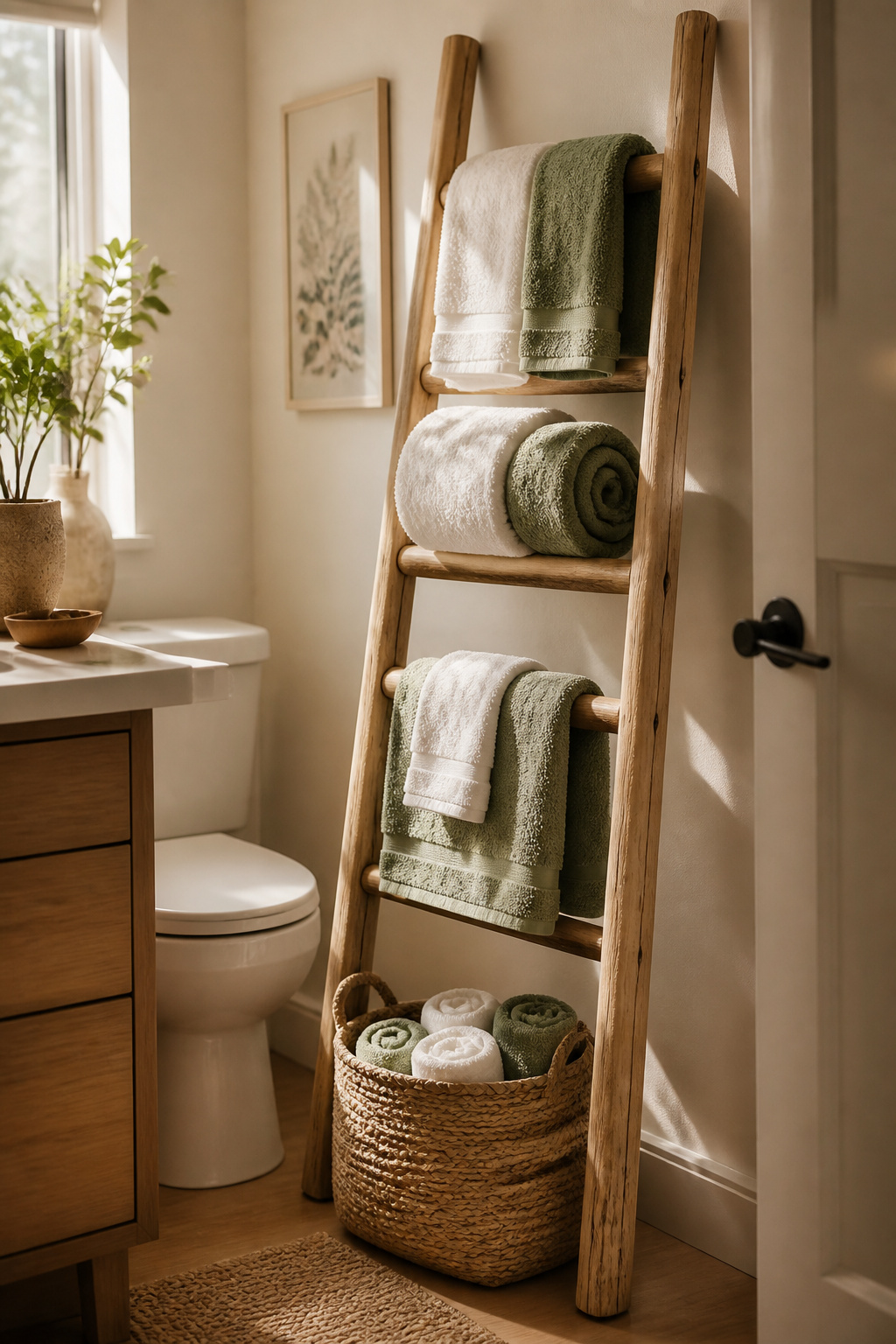 A freestanding ladder towel rack in a narrow floor strip between the toilet and door creates towel storage for three to five towels with a 14-by-6-inch floor footprint — no anchoring required.