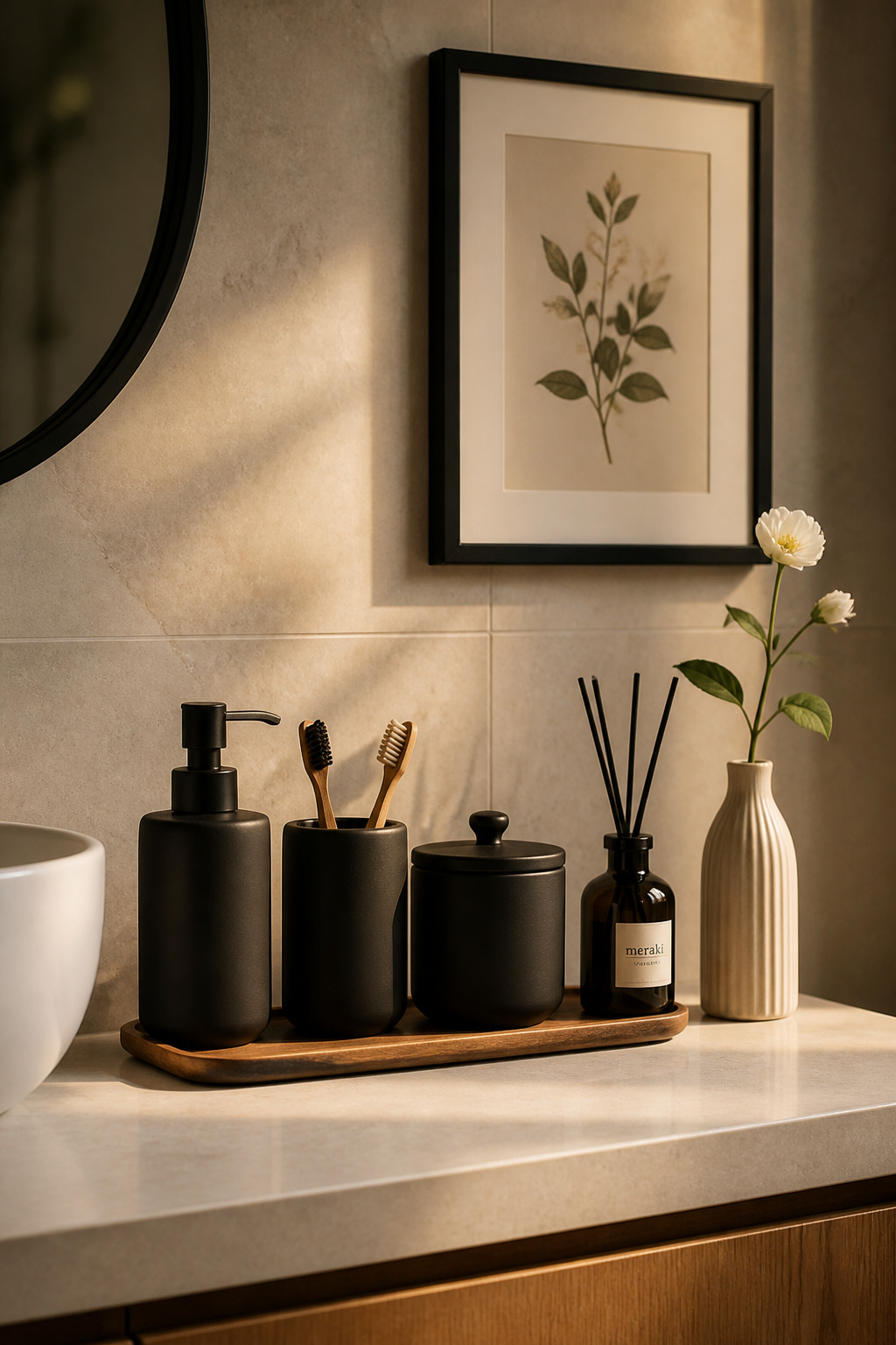 A matched matte black ceramic accessory set, framed botanical art, and a reed diffuser form the finishing layer that transforms a well-organized apartment bathroom into one that feels genuinely designed.
