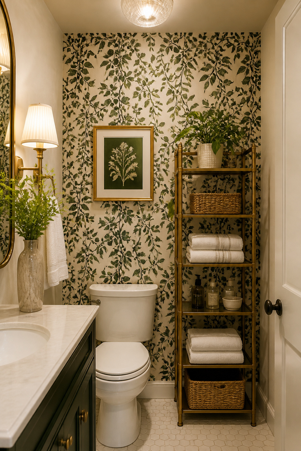 A single accent wall of botanical peel-and-stick wallpaper behind the toilet transforms a plain apartment bathroom into a room with genuine design character — fully removable and deposit-safe.
