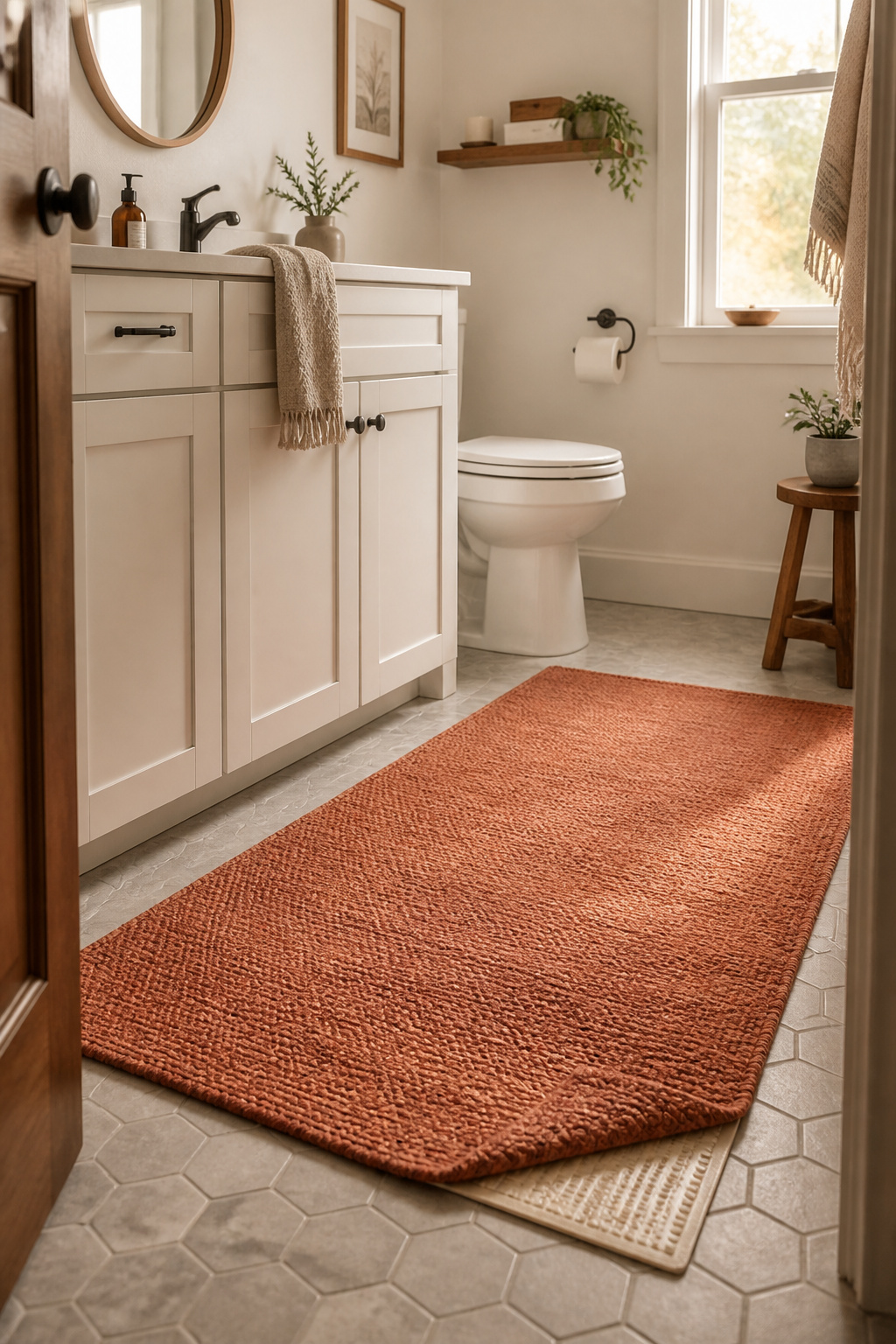 A terracotta flat-weave area rug in a standard 17-by-24-inch size anchors a small apartment bathroom floor, tying white fixtures and gray tile into a warm, intentional palette.