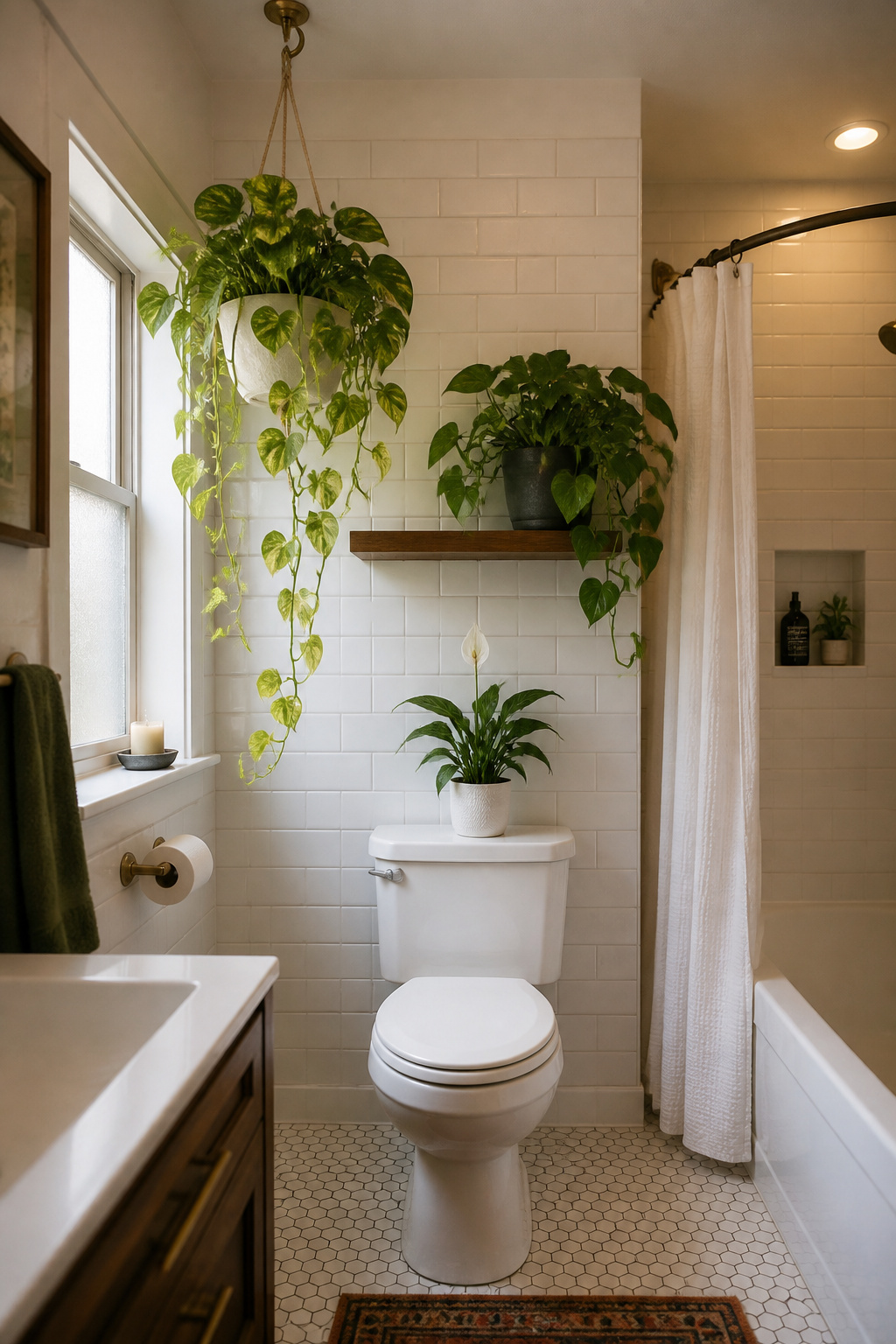 Three resilient bathroom plants — trailing pothos, heartleaf philodendron, and peace lily — thrive in apartment bathroom humidity and low light, adding warmth that no accessory fully replicates.