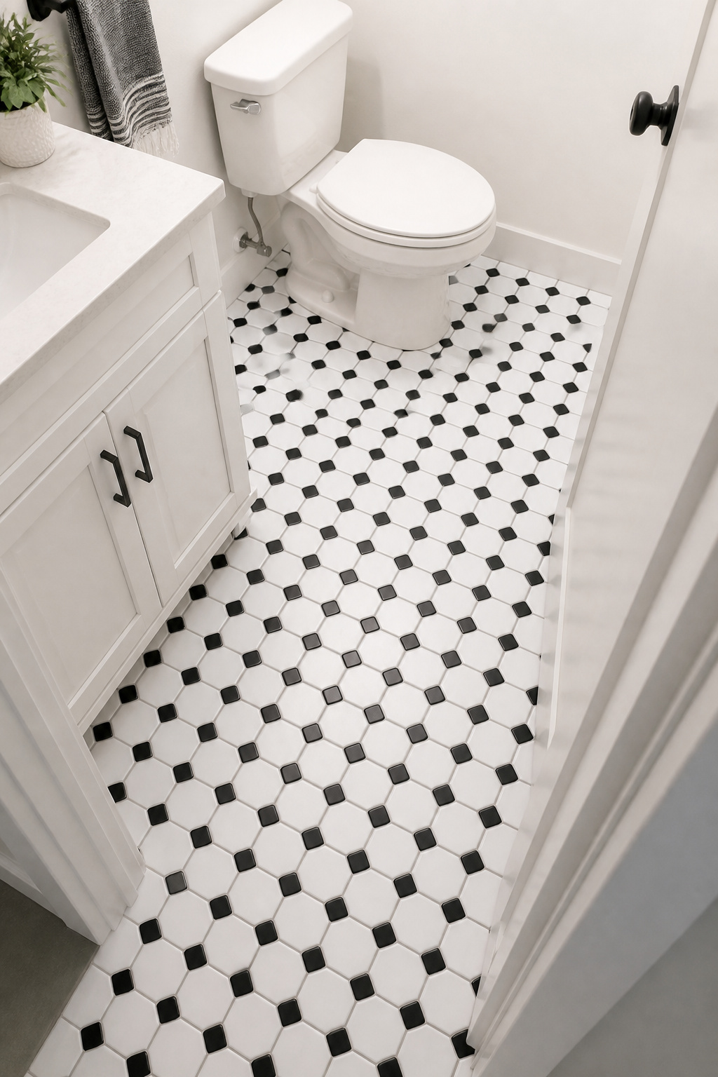 Rigid-core peel-and-stick vinyl hexagon tiles transform an outdated apartment bathroom floor for $30–$150 in material costs — reversible, deposit-safe, and indistinguishable from real ceramic at arm's length.