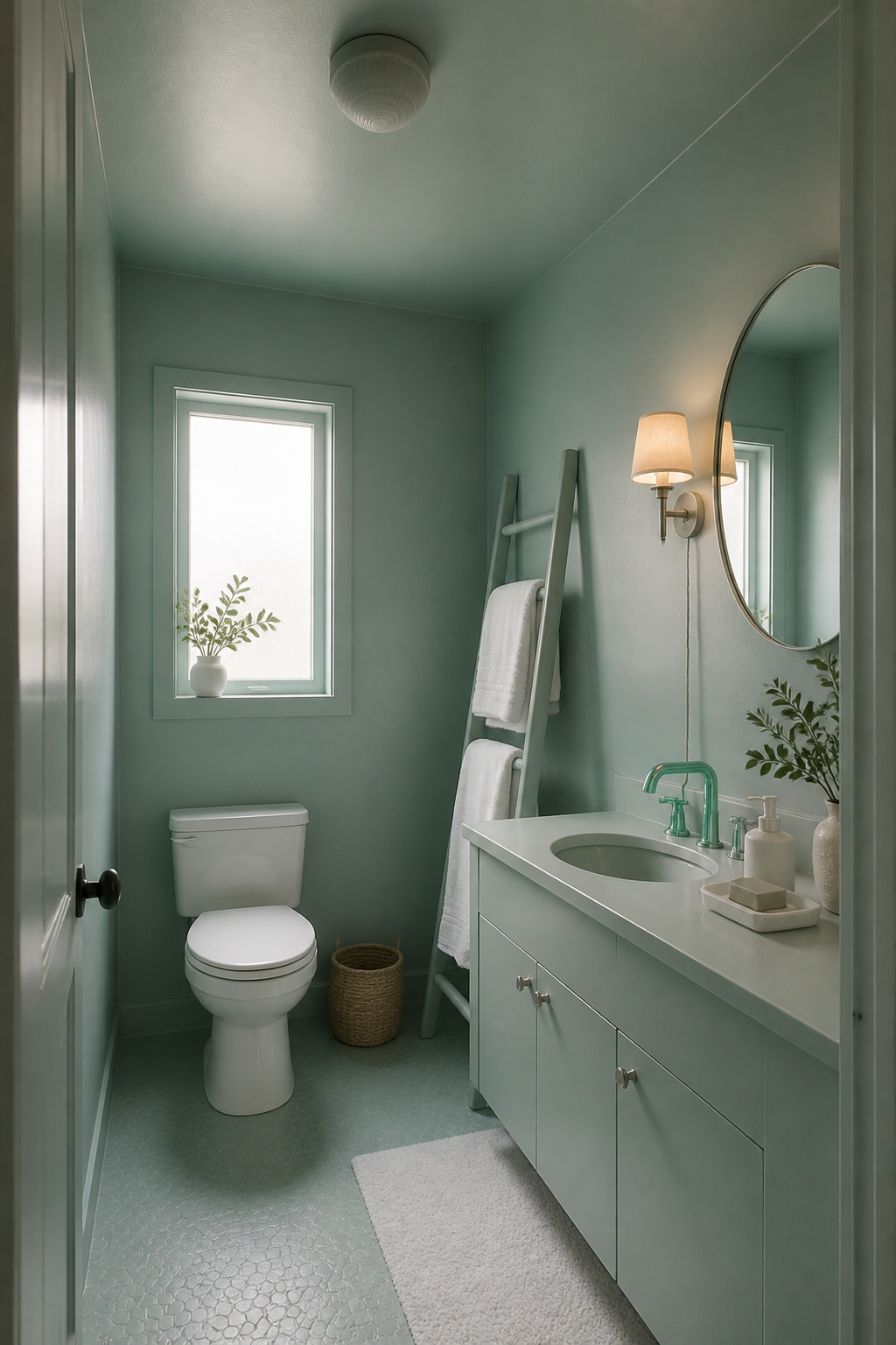 A small apartment bathroom painted in Sherwin-Williams Rainwashed with ceiling matched to walls demonstrates how a monochromatic color approach removes visual boundaries and opens up cramped space.