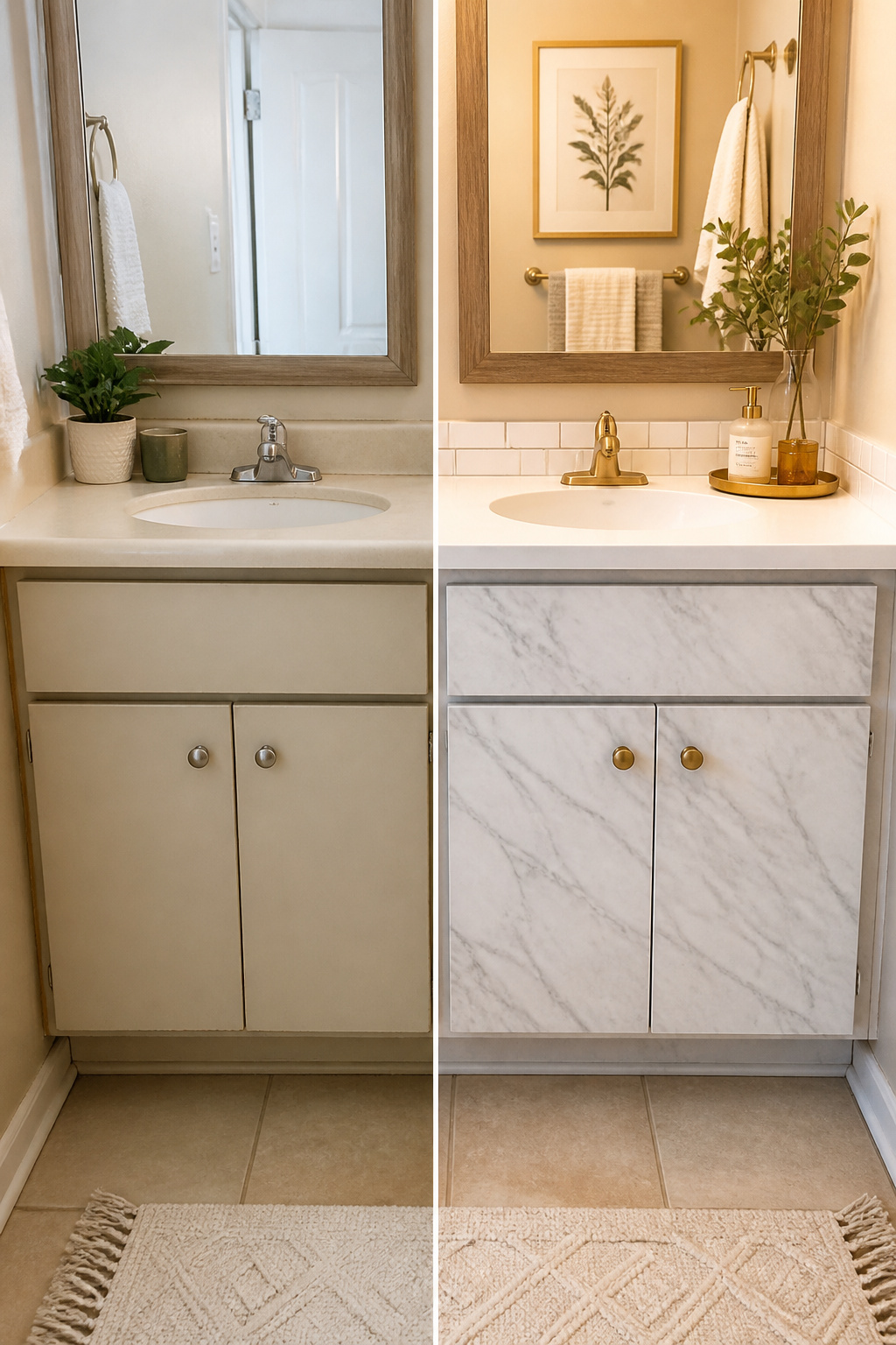 Marble-finish contact paper on cabinet fronts and adhesive brass knobs transform a dated rental vanity in an afternoon — no drilling, no permanent adhesive, no deposit risk.