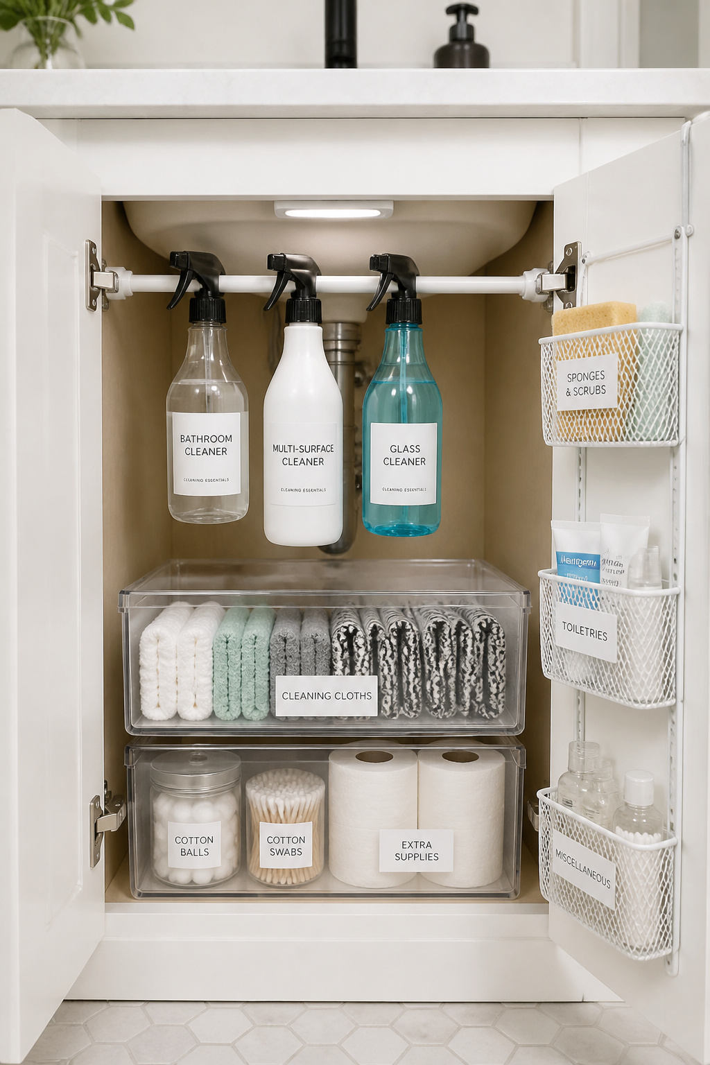 A tension rod mounted inside the under-sink cabinet lets spray bottles hang by their triggers, reclaiming the cabinet floor for stackable clear bins — the entire system costs under $20.