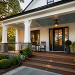 A fully finished craftsman porch remodel combining capped composite decking, ledgestone columns, cable railing, and haint blue beadboard ceiling — demonstrating how material selection from floor to ceiling creates a cohesive, enduring outdoor space.
