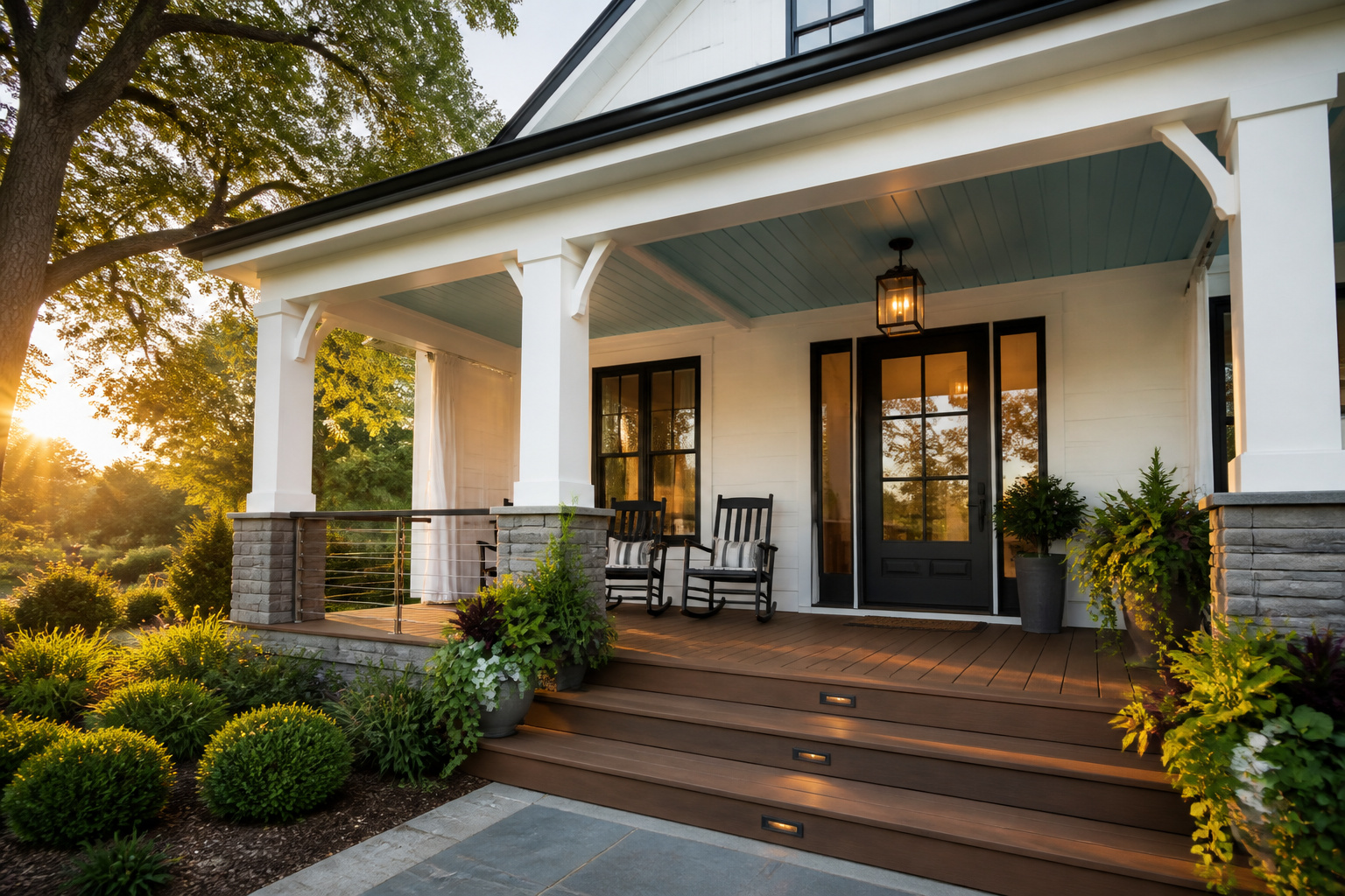 A fully finished craftsman porch remodel combining capped composite decking, ledgestone columns, cable railing, and haint blue beadboard ceiling — demonstrating how material selection from floor to ceiling creates a cohesive, enduring outdoor space.