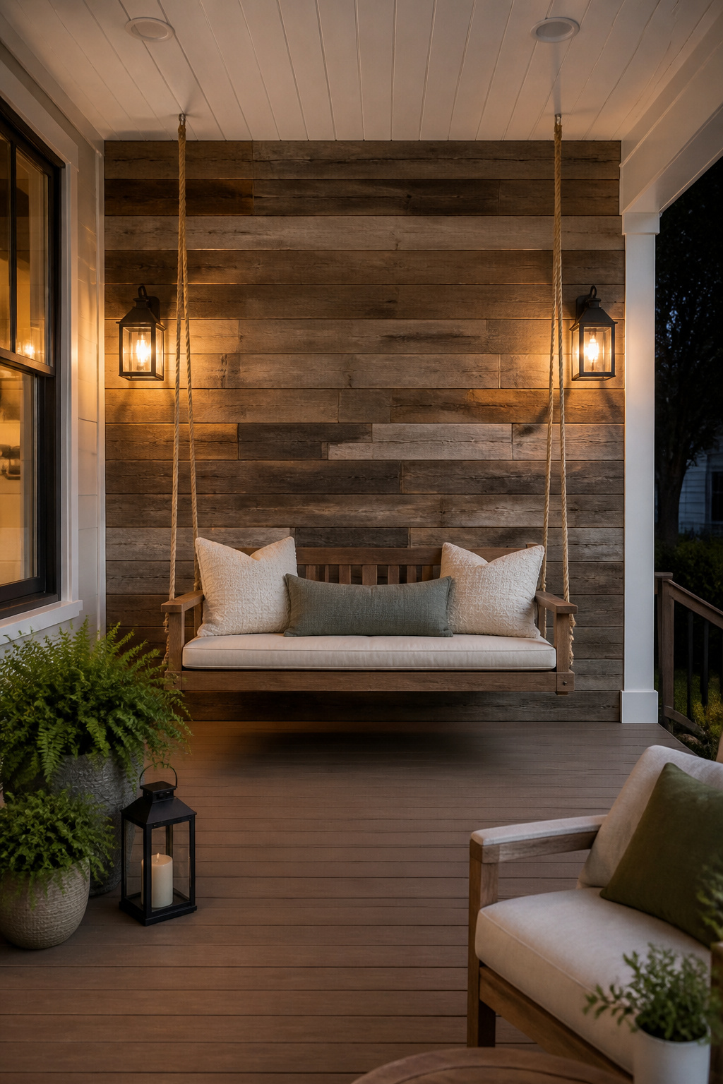 A reclaimed barn wood accent wall brings irreplaceable texture and history to a covered porch, creating visual warmth that no manufactured material can duplicate.