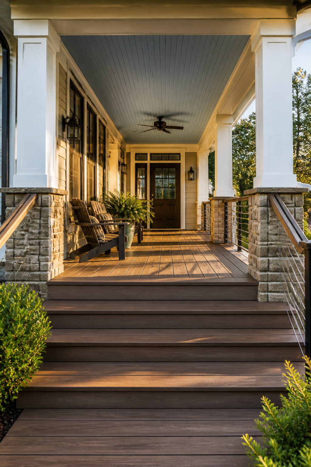 Capped composite decking in a warm walnut tone pairs beautifully with cable railings and a beadboard porch ceiling, creating a low-maintenance outdoor room with lasting visual appeal.