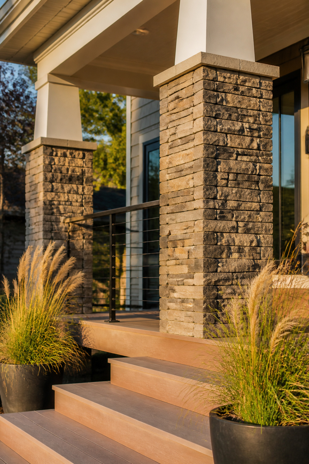 Ledgestone manufactured stone veneer on porch columns creates visual mass and architectural presence at a fraction of the cost of full masonry construction.