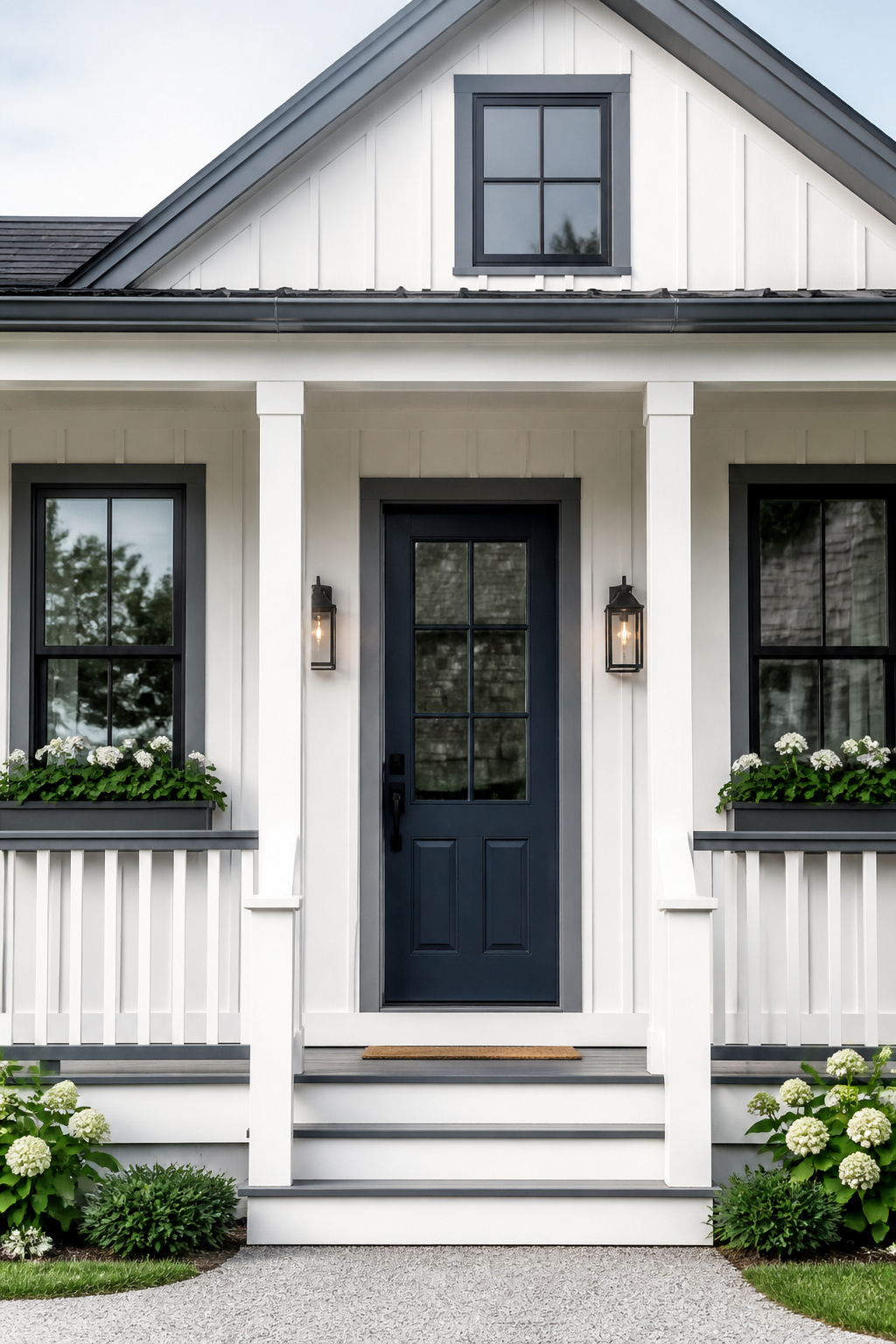 White board-and-batten siding with classic 3:1 proportioning creates a custom-looking facade transformation at a fraction of the cost of masonry or fiber cement alternatives.
