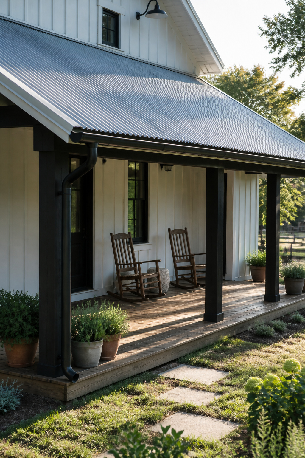 Corrugated galvanized metal roofing gives a covered porch decades of weather protection with zero maintenance, and develops an authentic patina that defines farmhouse and industrial outdoor aesthetics.