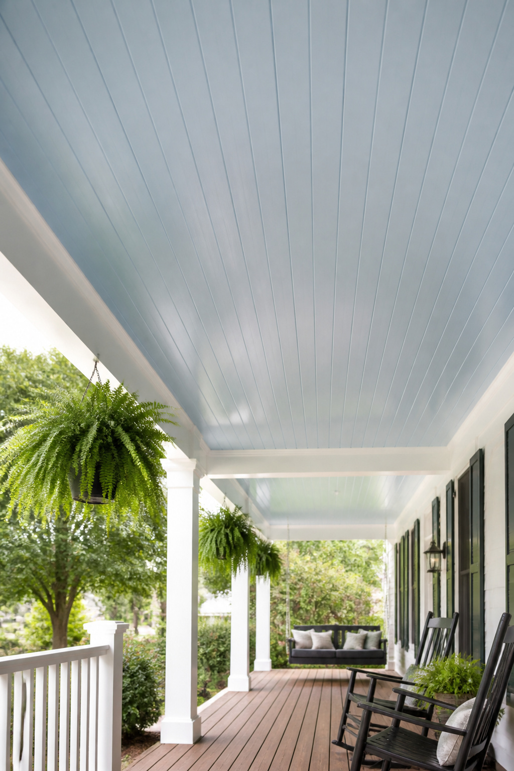 Tongue-and-groove beadboard planks painted in traditional haint blue transform a flat porch ceiling into an architectural feature with deep cultural roots and practical visual payoff.