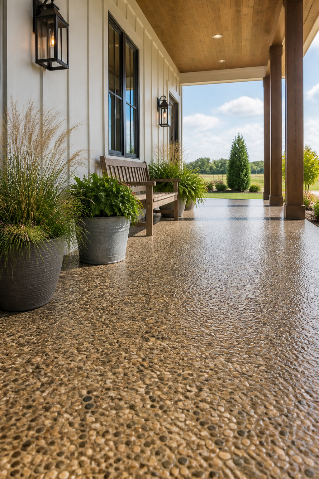 Sealed exposed aggregate concrete provides a naturally textured, slip-resistant porch floor with unique visual character that smooth painted concrete cannot replicate.