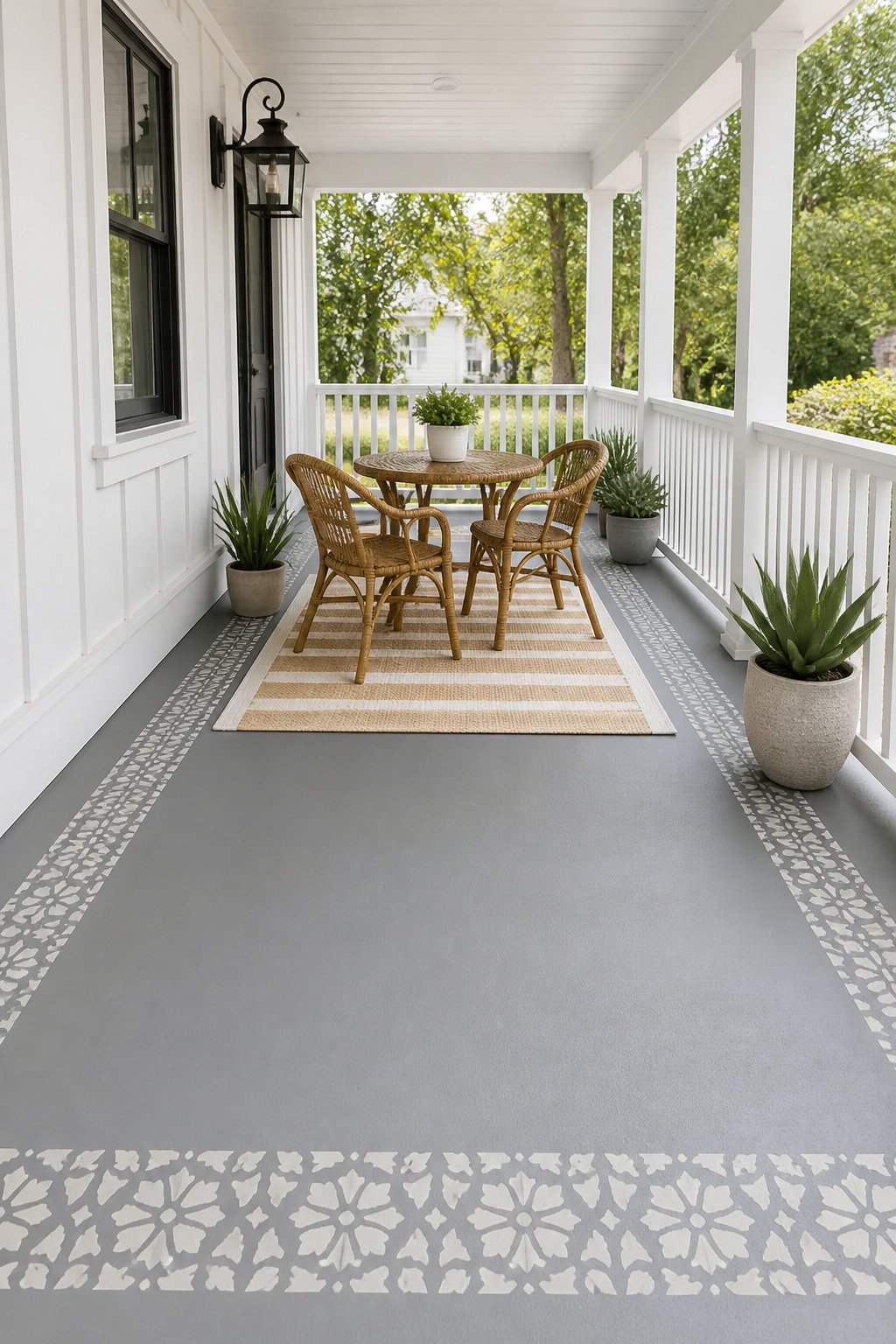 A decoratively stenciled concrete floor transforms a plain porch slab into a visual focal point, using an epoxy base coat and a geometric pattern for a look that costs far less than tile.