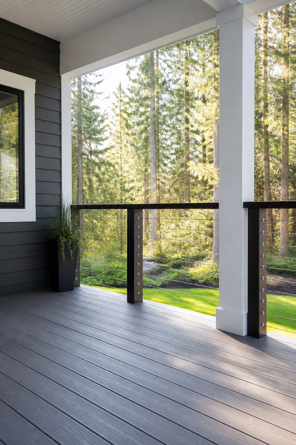 Horizontal stainless cable railing preserves outdoor views and creates an open, modern aesthetic while meeting all building code requirements for residential guard rails.