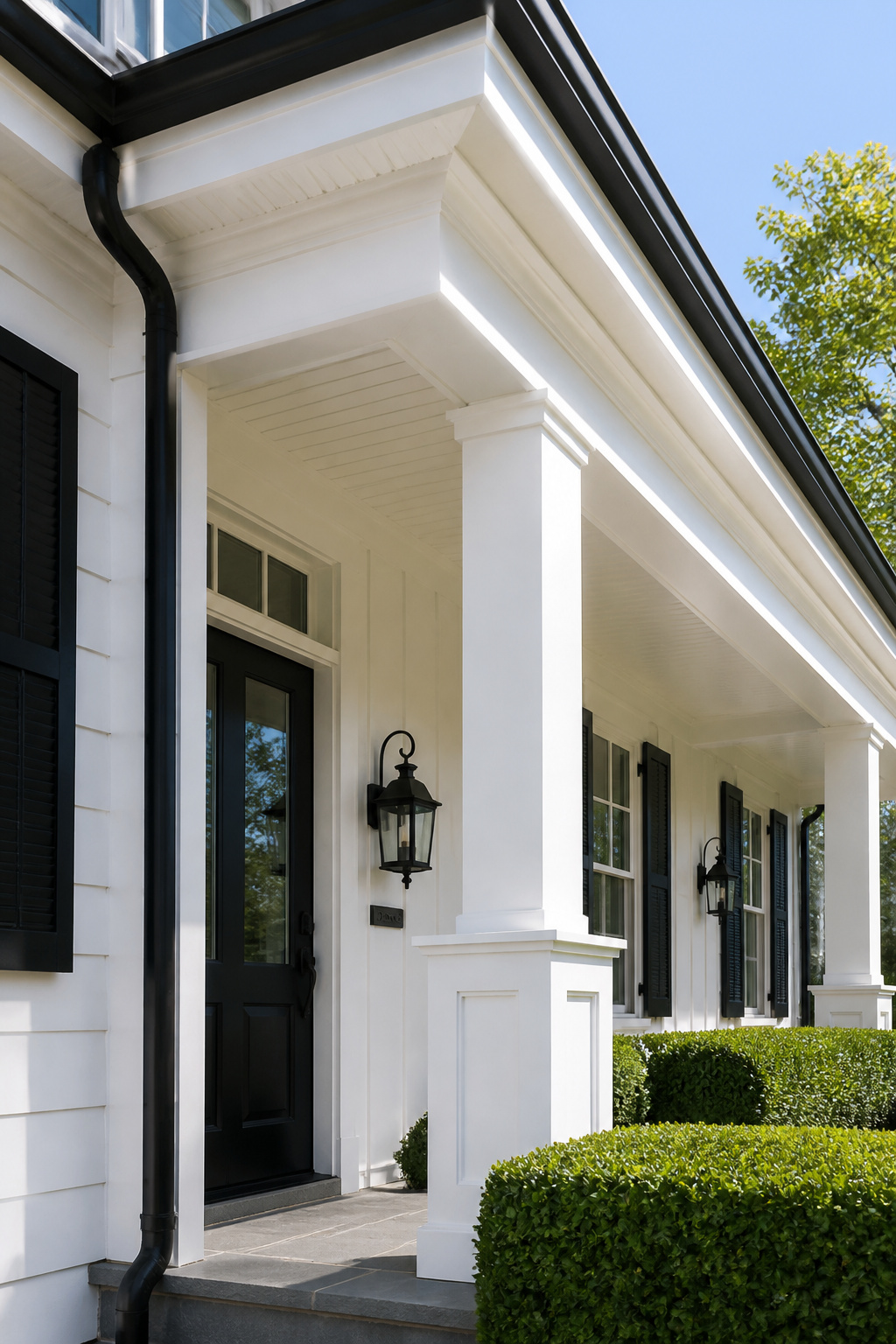 Cellular PVC trim boards on fascia, soffits, and column bases create a maintenance-free exterior that stays paint-fresh for years without the rot and adhesion failures that wood trim develops in wet climates.