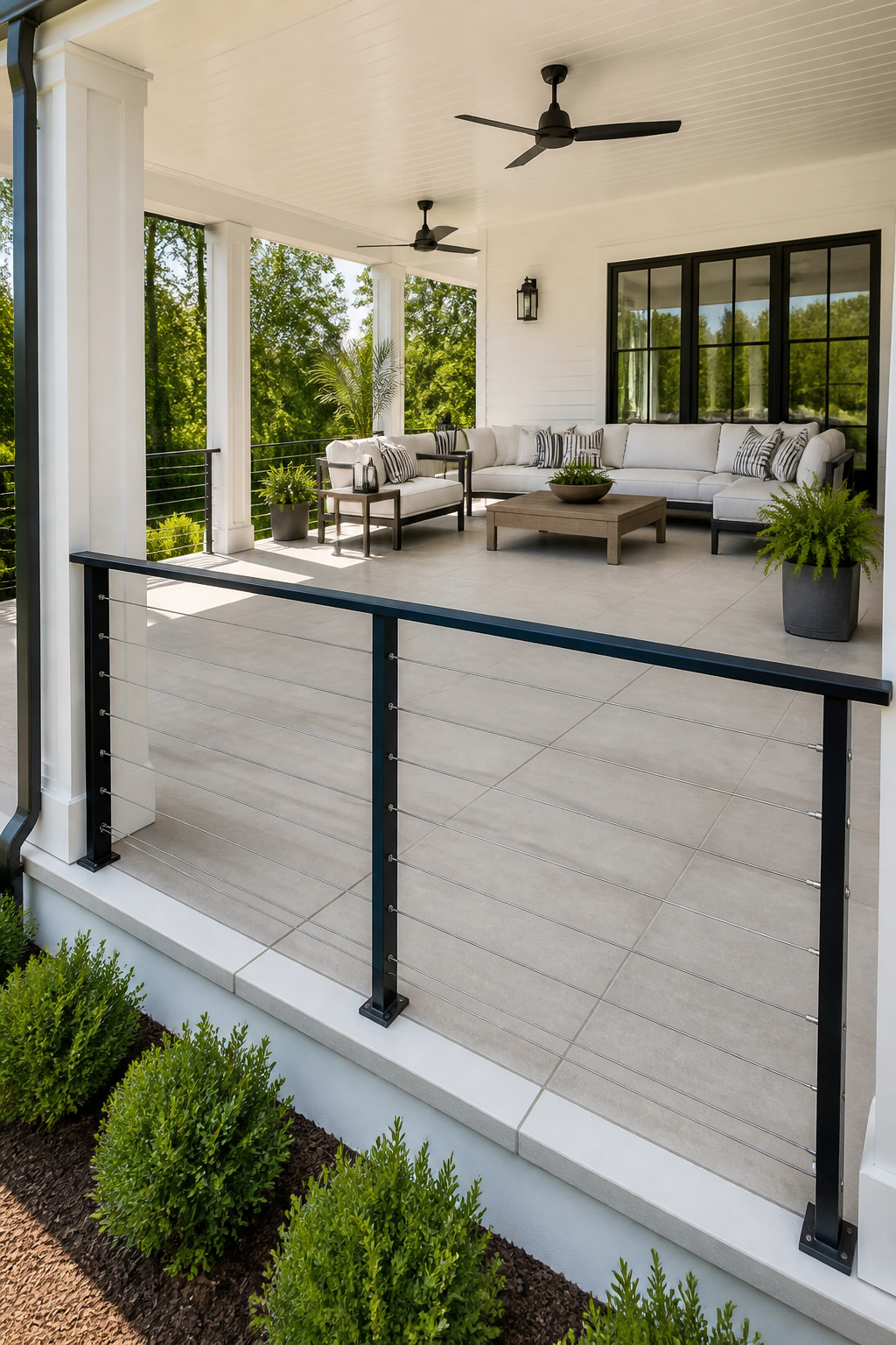 Large-format outdoor porcelain pavers create a seamless, low-maintenance porch remodel surface with near-zero water absorption that handles freeze-thaw cycles that crack natural stone.