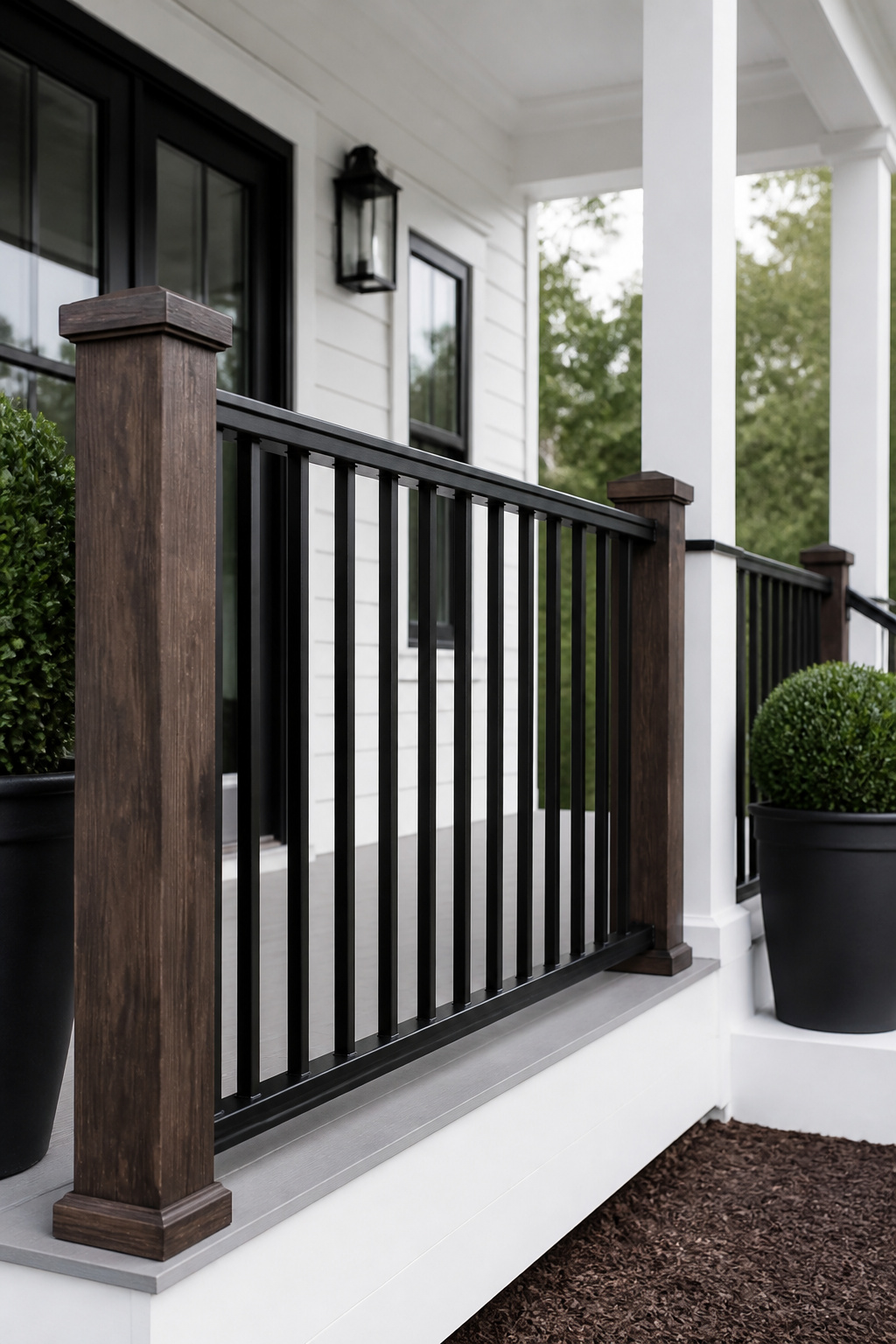Dark-stained wood posts with matte black aluminum balusters create a mixed-material railing system that adds compositional depth and works across craftsman, transitional, and contemporary porch styles.