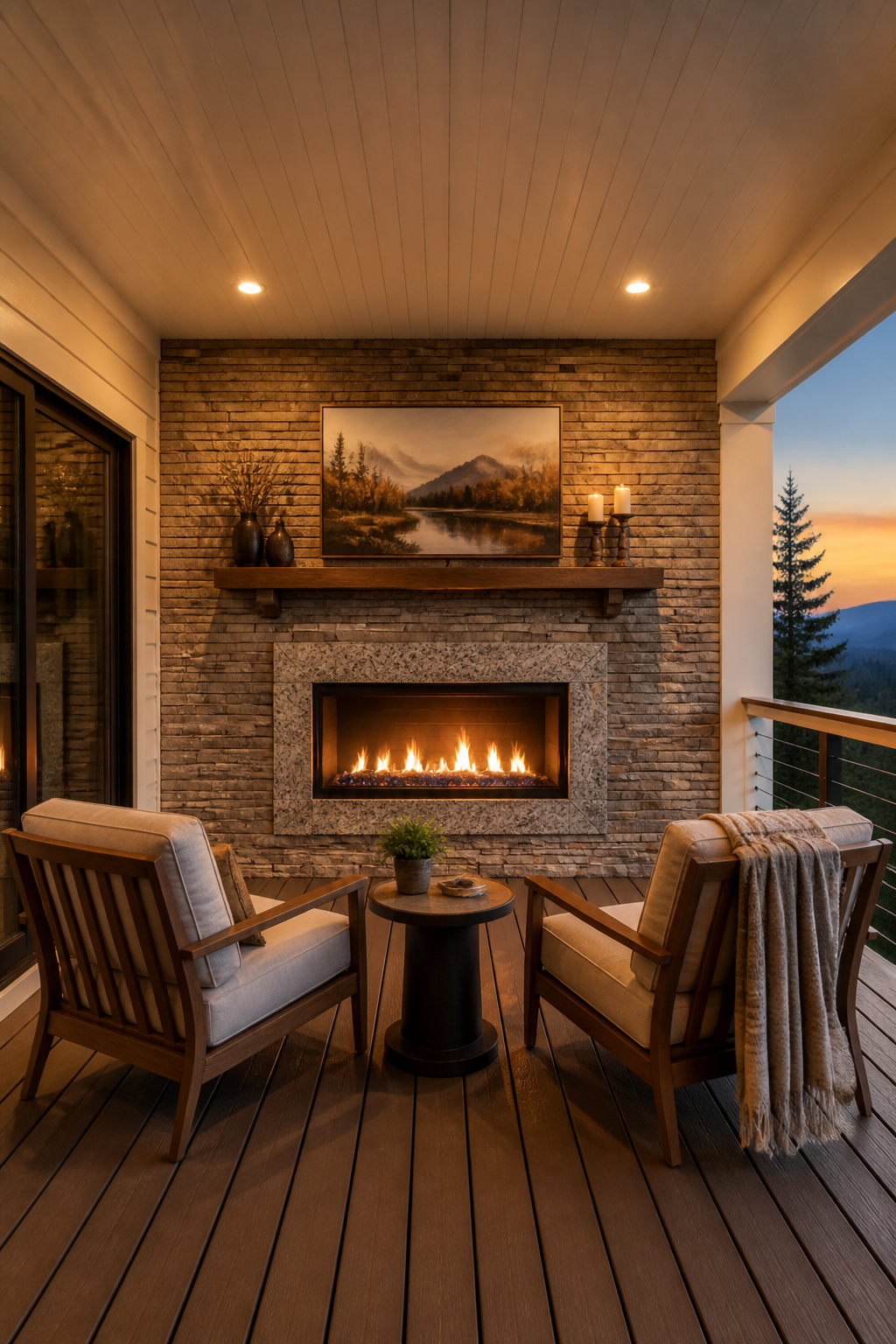 A stacked ledgestone gas fireplace centered on the back porch wall transforms the space into a year-round outdoor room with genuine architectural presence.