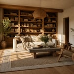 The full material story of a considered living room: wide-plank oak floors, limewash walls, built-in bookshelves, and linen upholstery — each surface chosen for what it does, not just what it looks like.