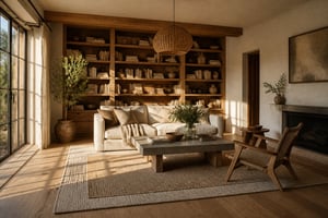 The full material story of a considered living room: wide-plank oak floors, limewash walls, built-in bookshelves, and linen upholstery — each surface chosen for what it does, not just what it looks like.