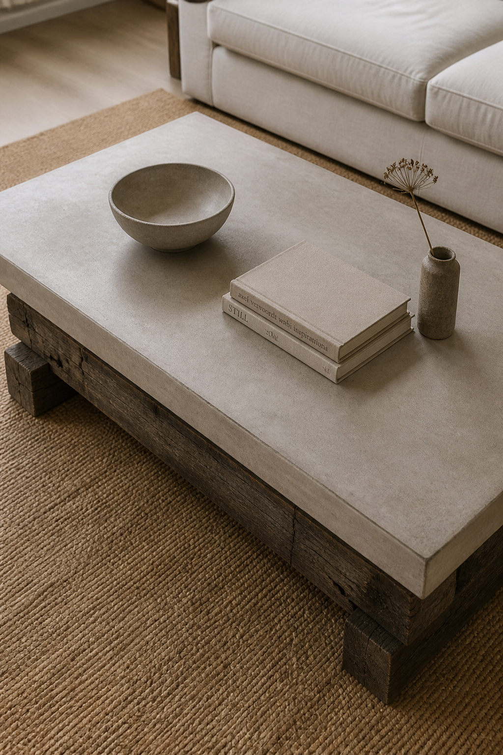 GFRC concrete against reclaimed barn timber: the smooth manufactured surface and the rough natural grain hold each other in visual tension at coffee table scale.