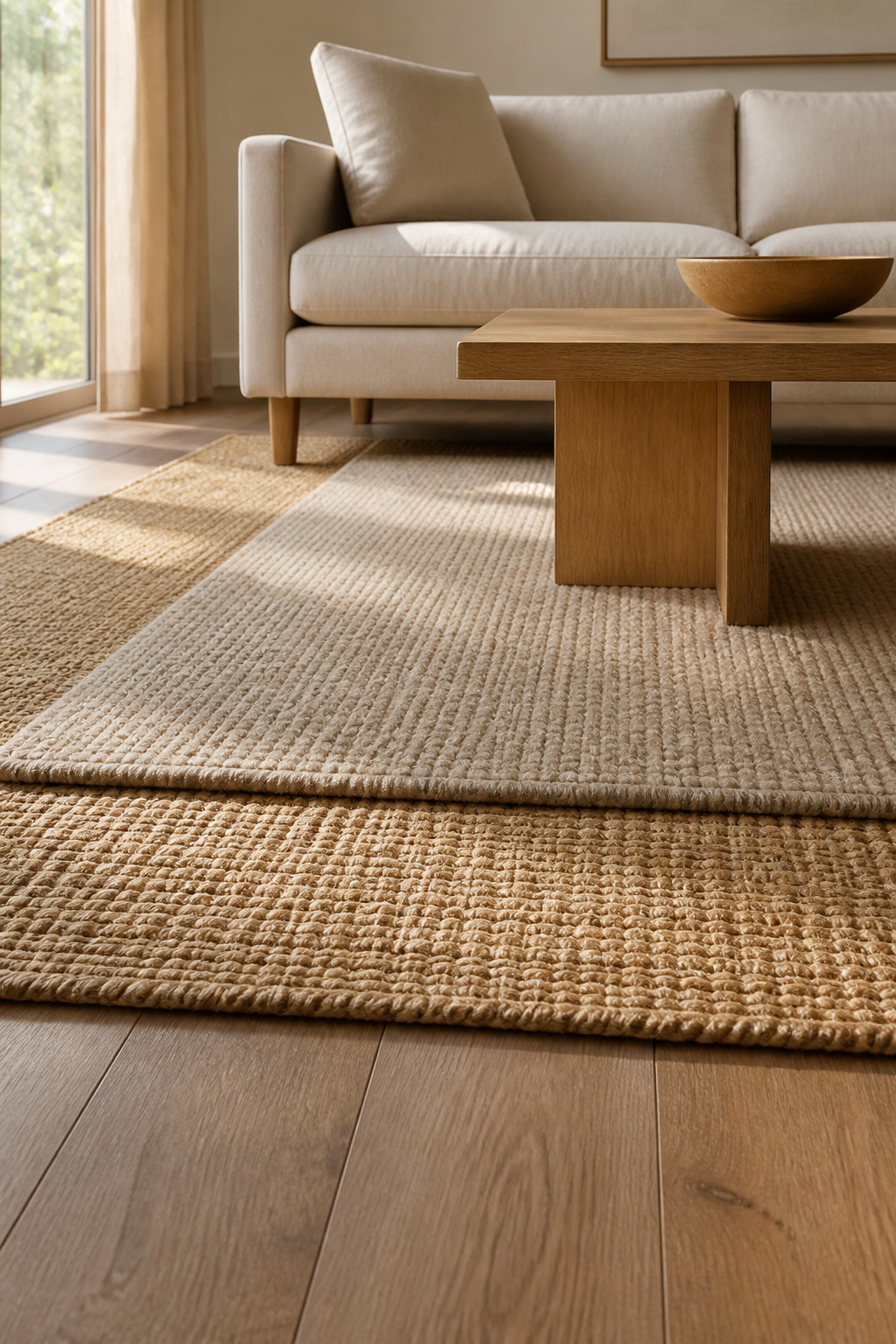The 8x10 plus 5x7 layering formula: jute base with wool top layer in proportions that feel resolved rather than improvised.