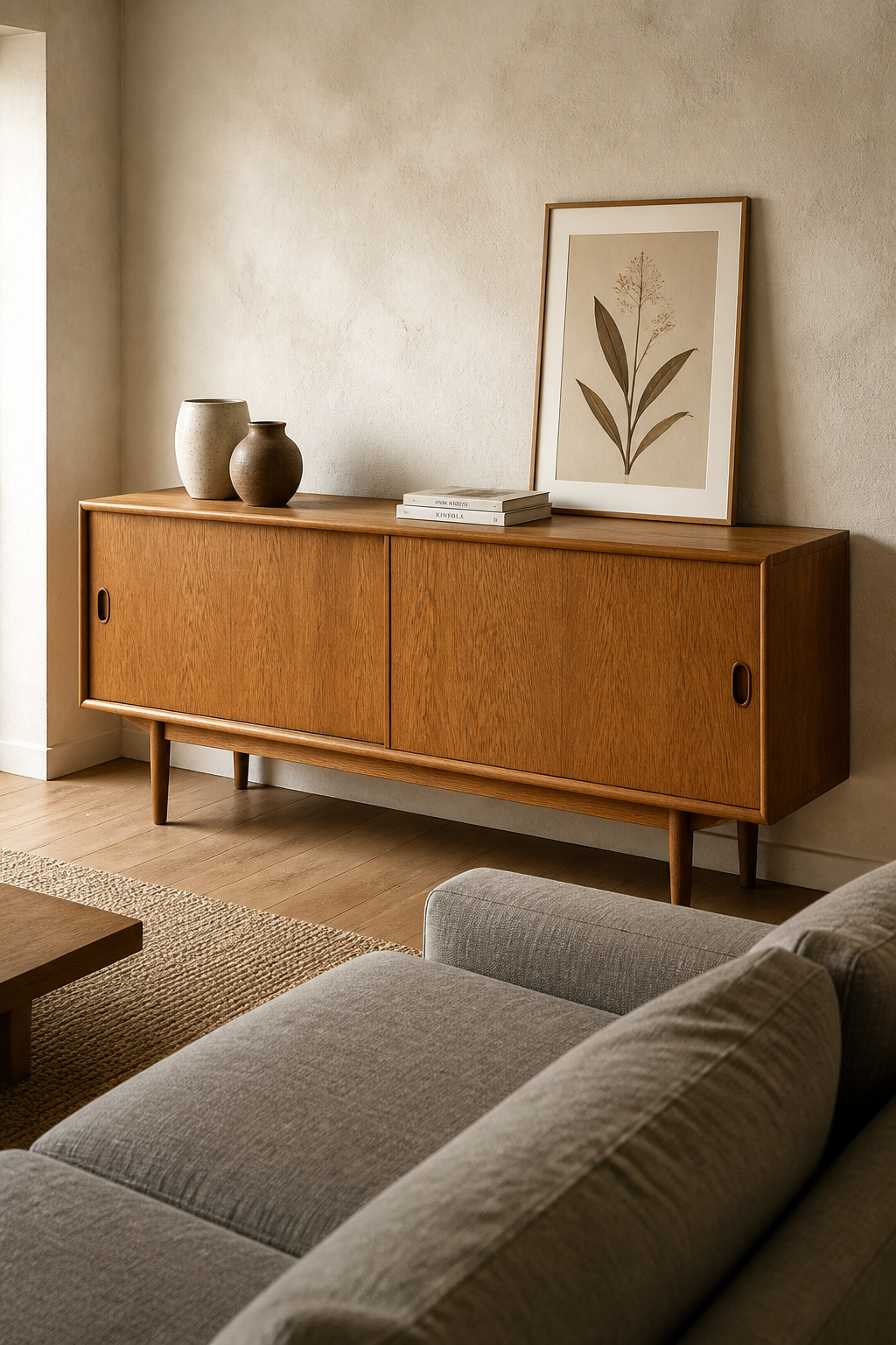 A 1960s oak sideboard with original patina next to contemporary linen upholstery: old-growth grain and decades of wax build-up create a quality that production furniture can't replicate.