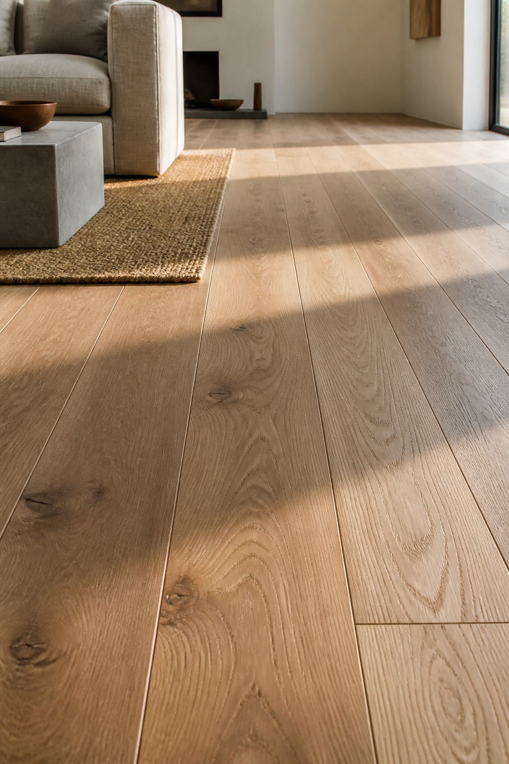 Wide-plank white oak at 7-8 inches per board finished with hardwax oil: the grain variation between planks is visible, and the penetrating finish preserves the wood's natural cool tone.