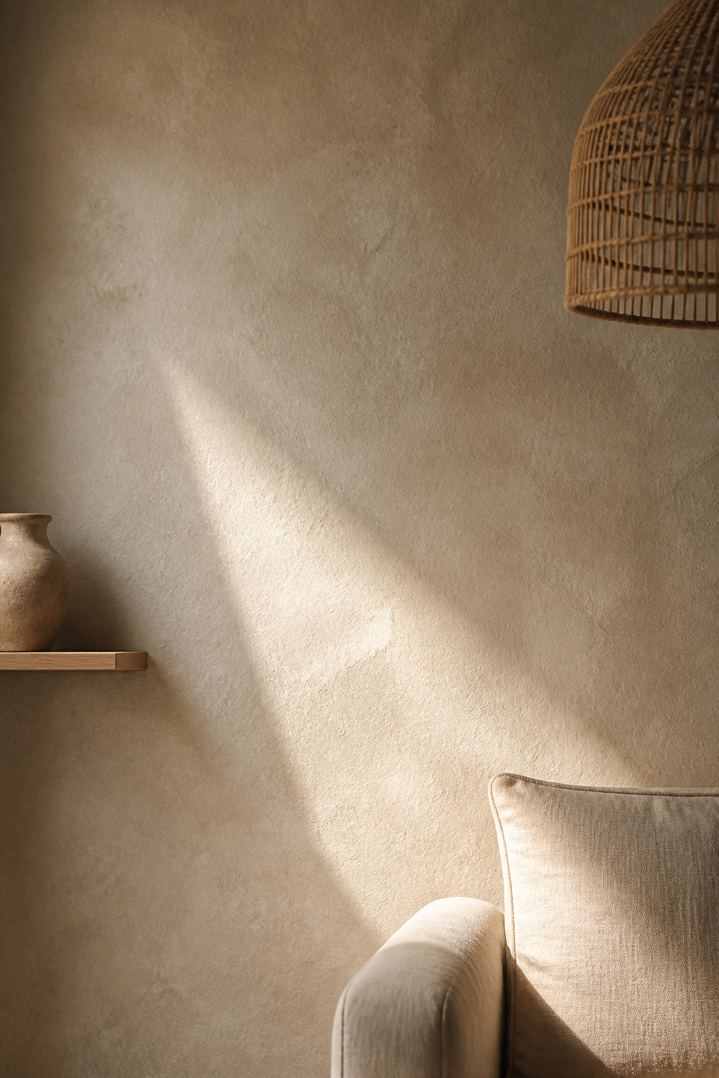 Limewash in directional light: the layered finish reads as three-dimensional where flat paint reads as a surface.