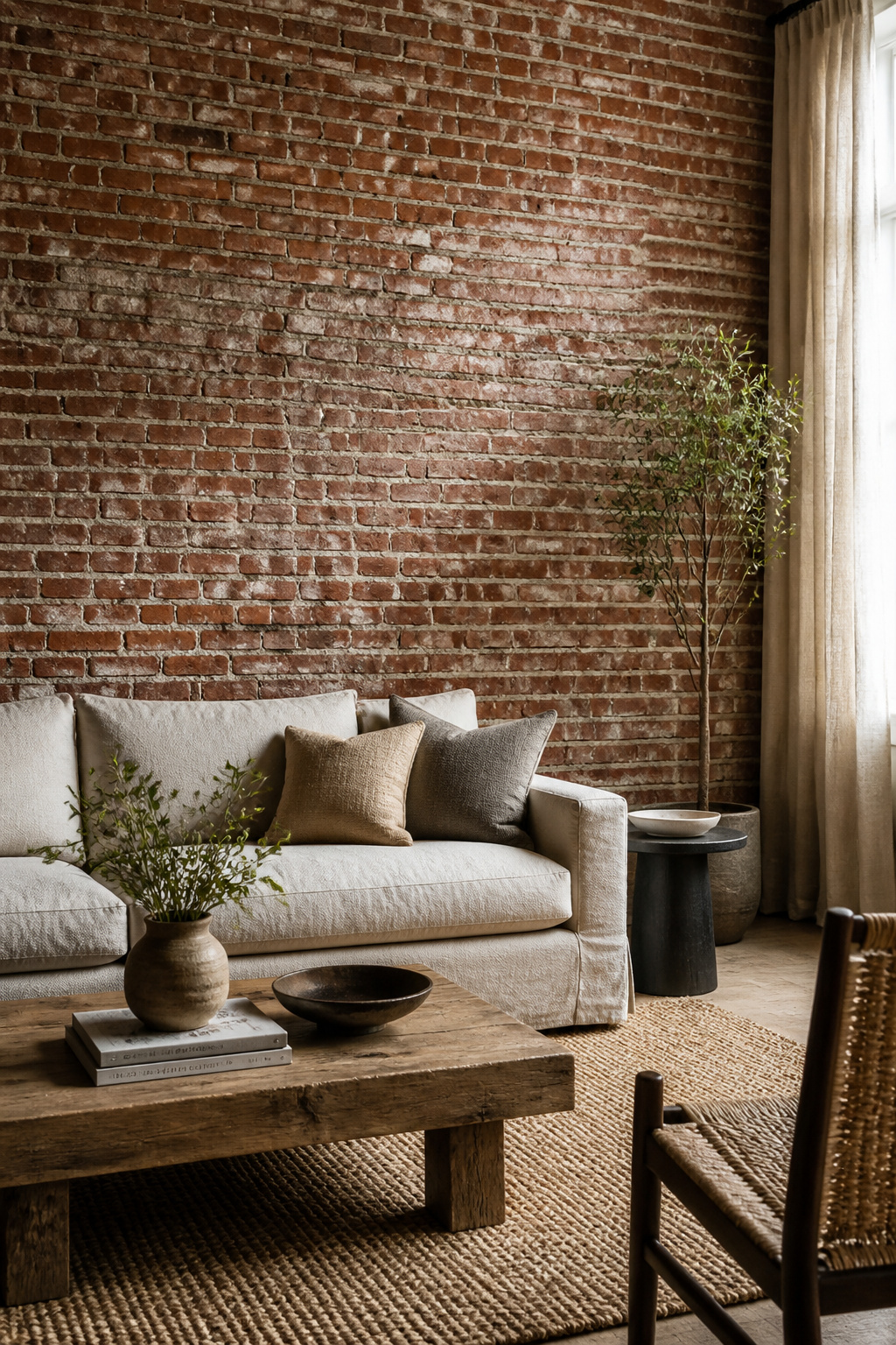 Exposed brick balanced with linen, wool, and hemp: the contrast between the raw masonry wall and the soft furnishings in front creates material equilibrium.